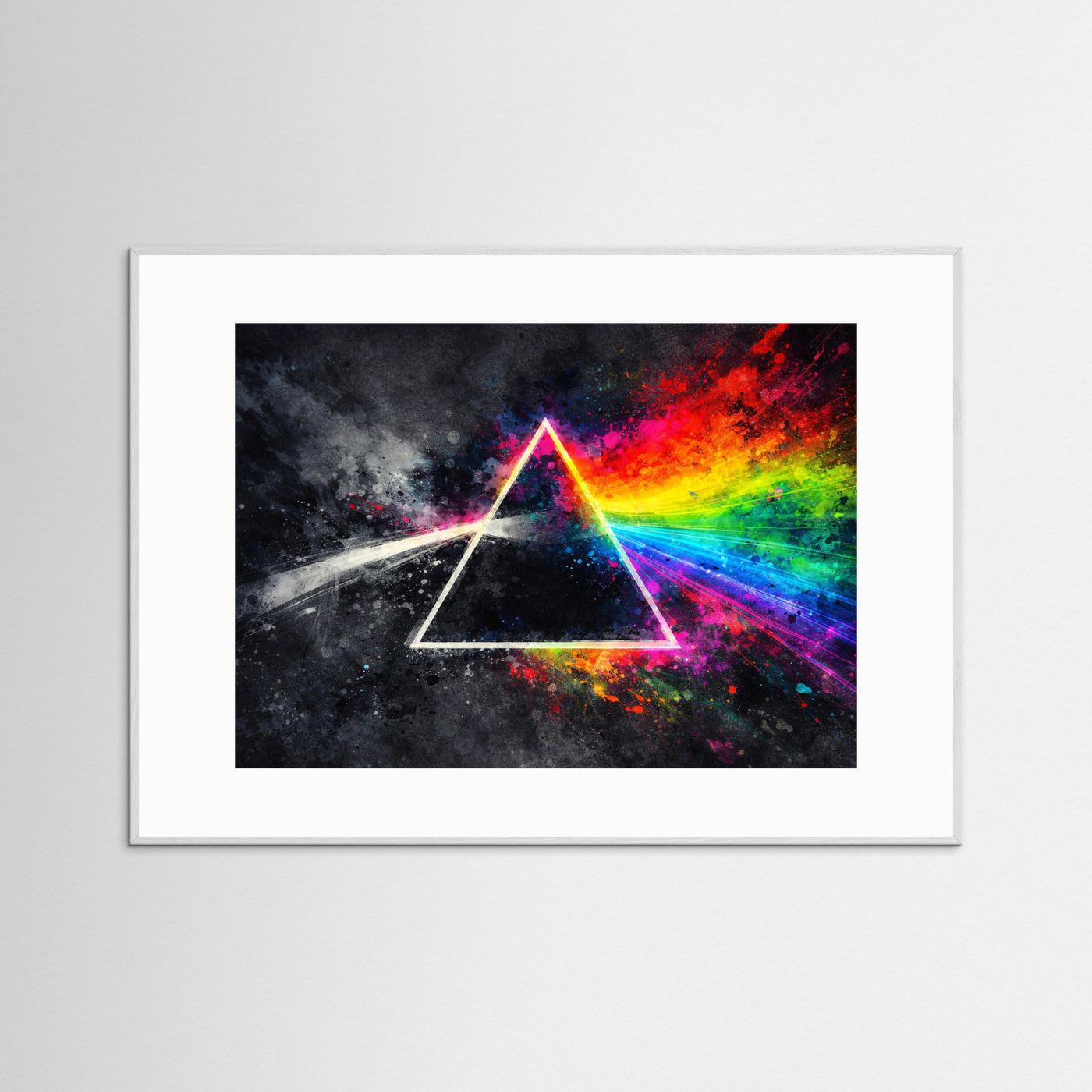 Wandbild mit dreieckiger Neonform und regenbogenfarbenem Prisma, weißer Rahmen