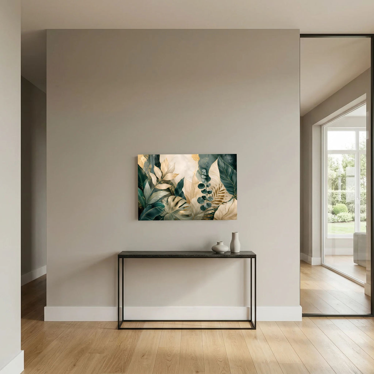 Poster im Querformat mit botanischem Blättermotiv in Grün, Creme und Goldtönen