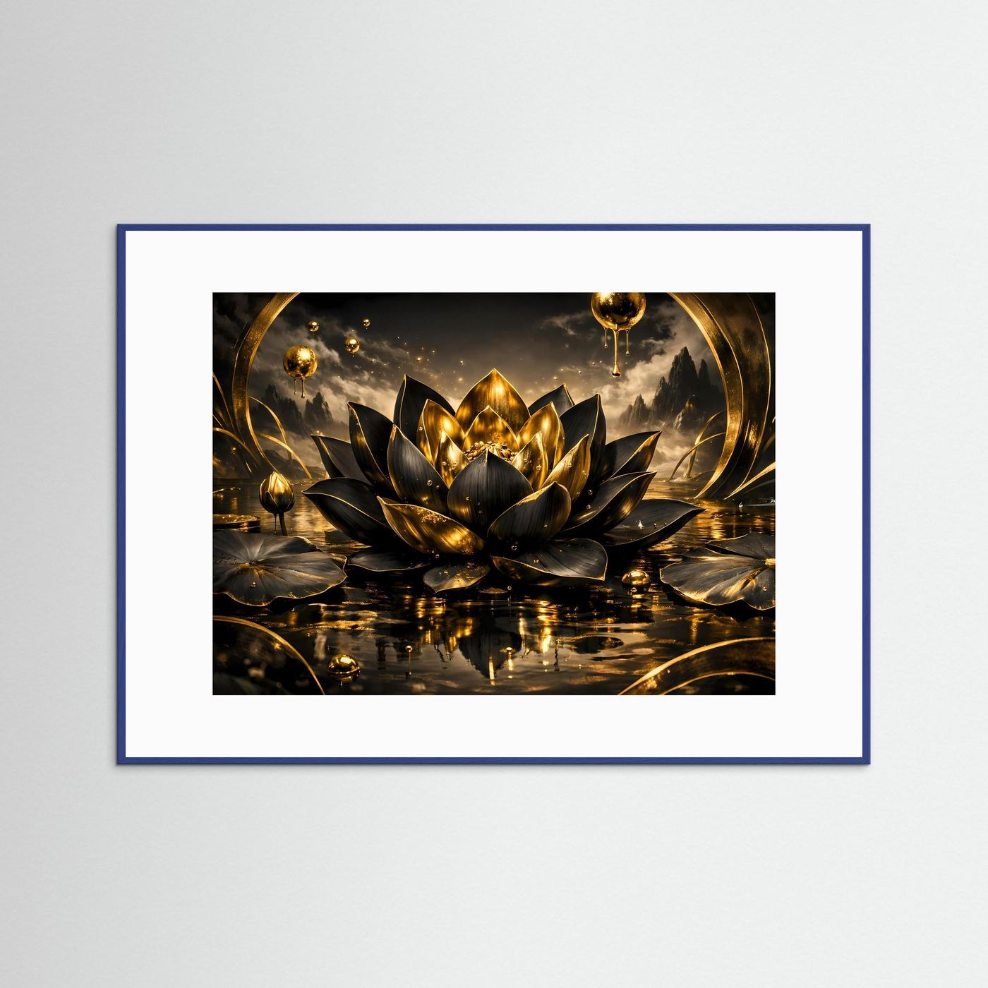 Wandbild: goldene Lotusblüte auf dunklem Wasser, Spiegelungen, blauer Rahmen