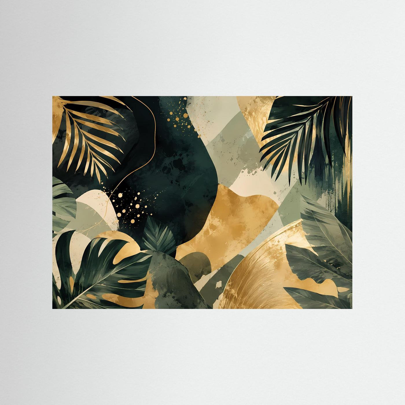 Botanik Poster Querformat | Abstrakte Tropische Blätter in Grün, Gold & Beige