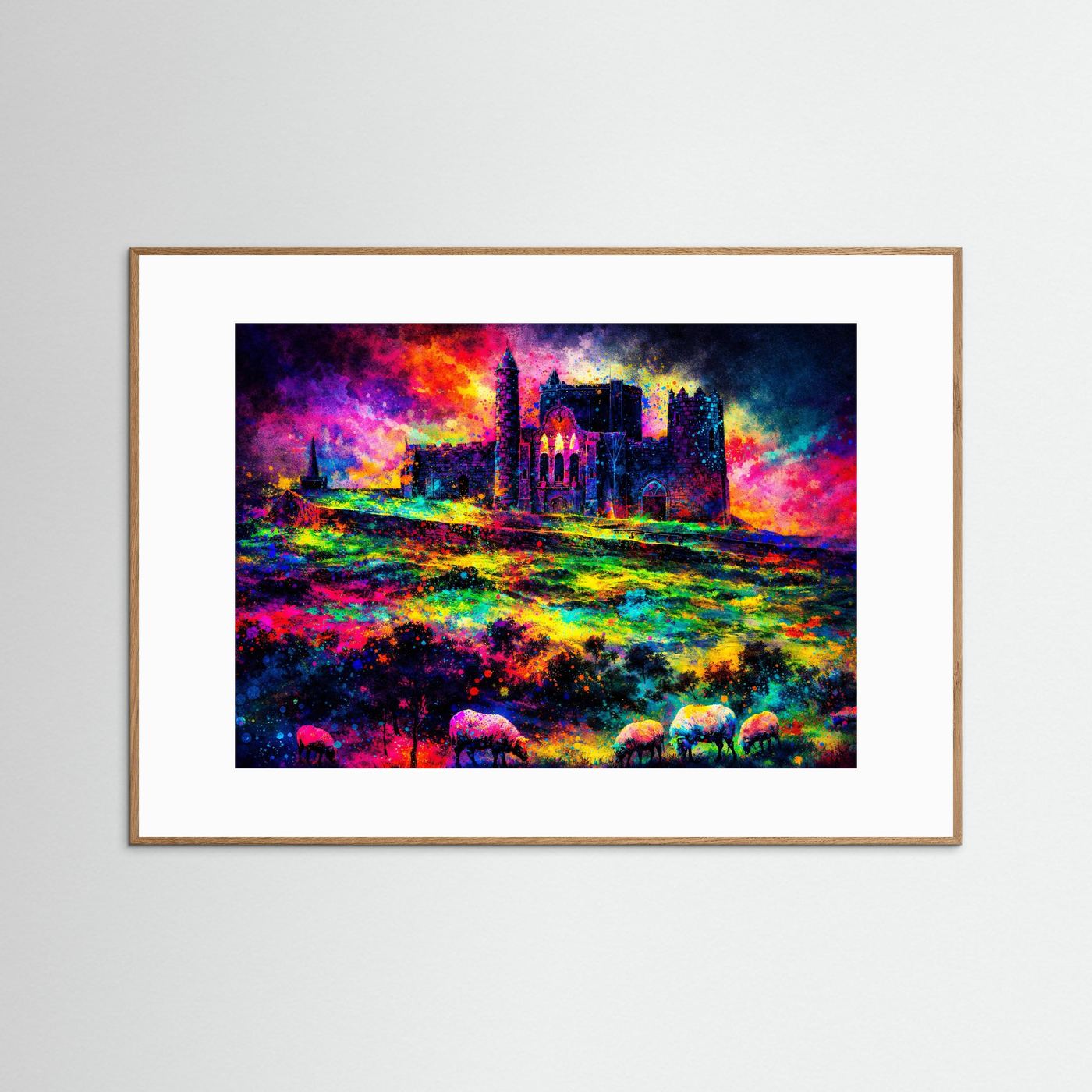 Farbgewaltige Irische Burg mit Schafen | Irland Festung & Natur Poster Querformat