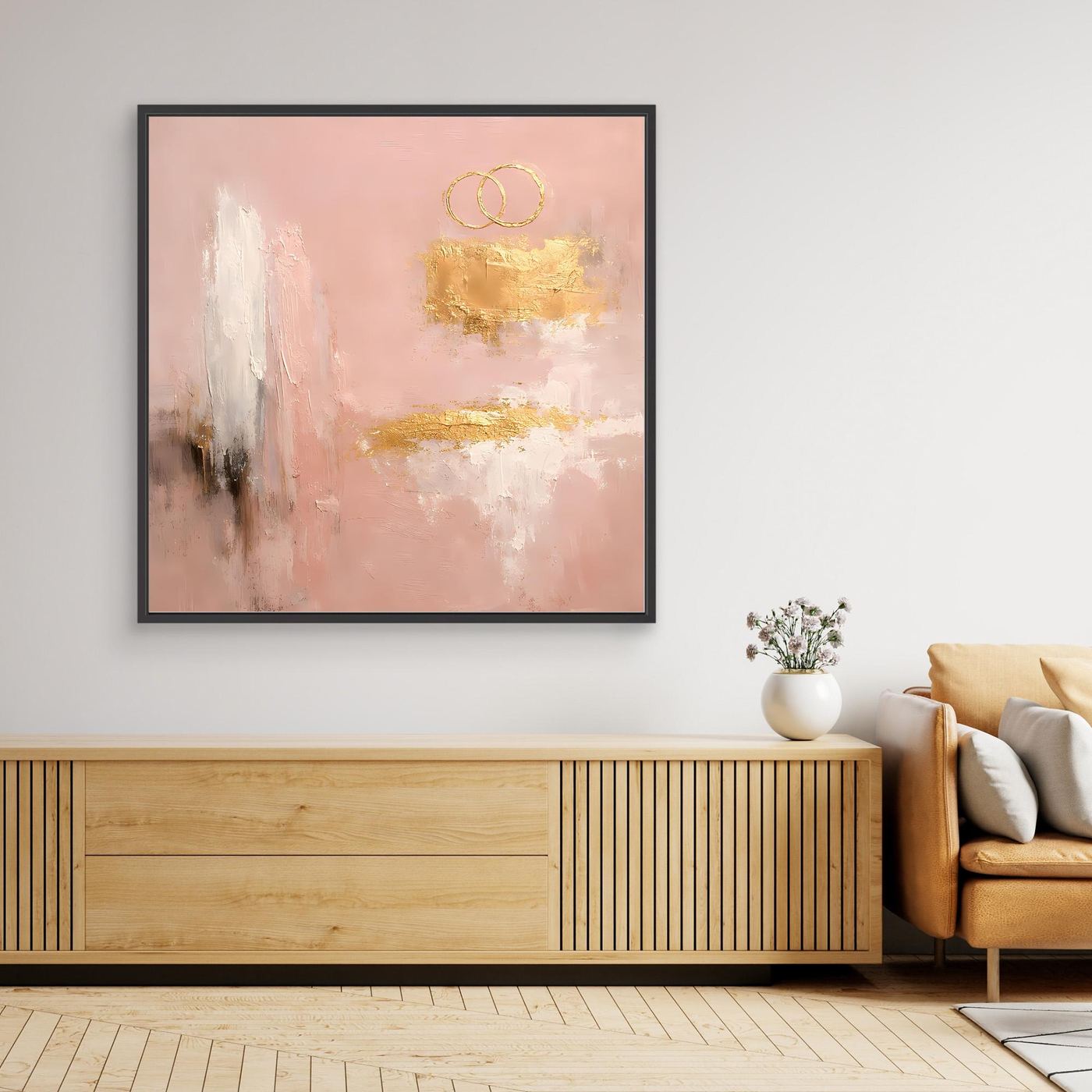 Leinwand Abstraktes Hochzeitsgemälde in Altrosa und Gold | Modernes Wandbild Eheringe