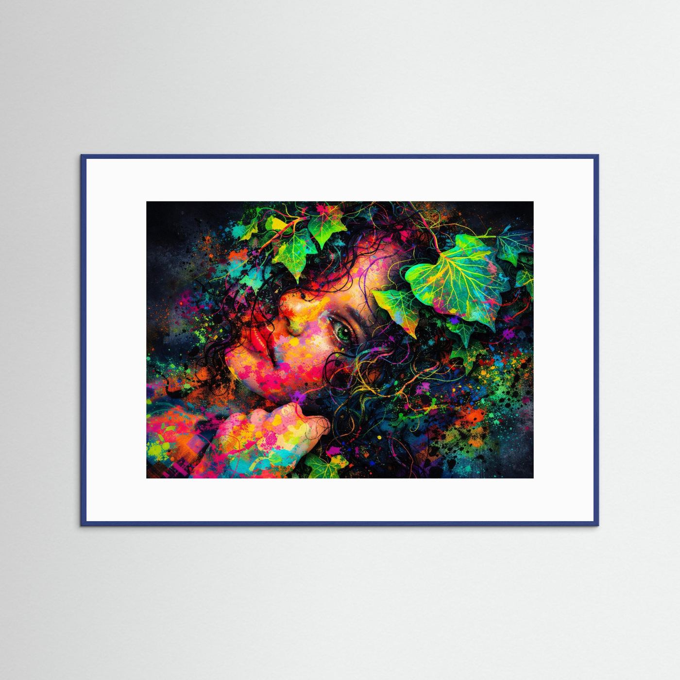 Surreales Poster mit Porträt und Blätterkrone, buntes Farb-Spritzmotiv, im blauen Rahmen