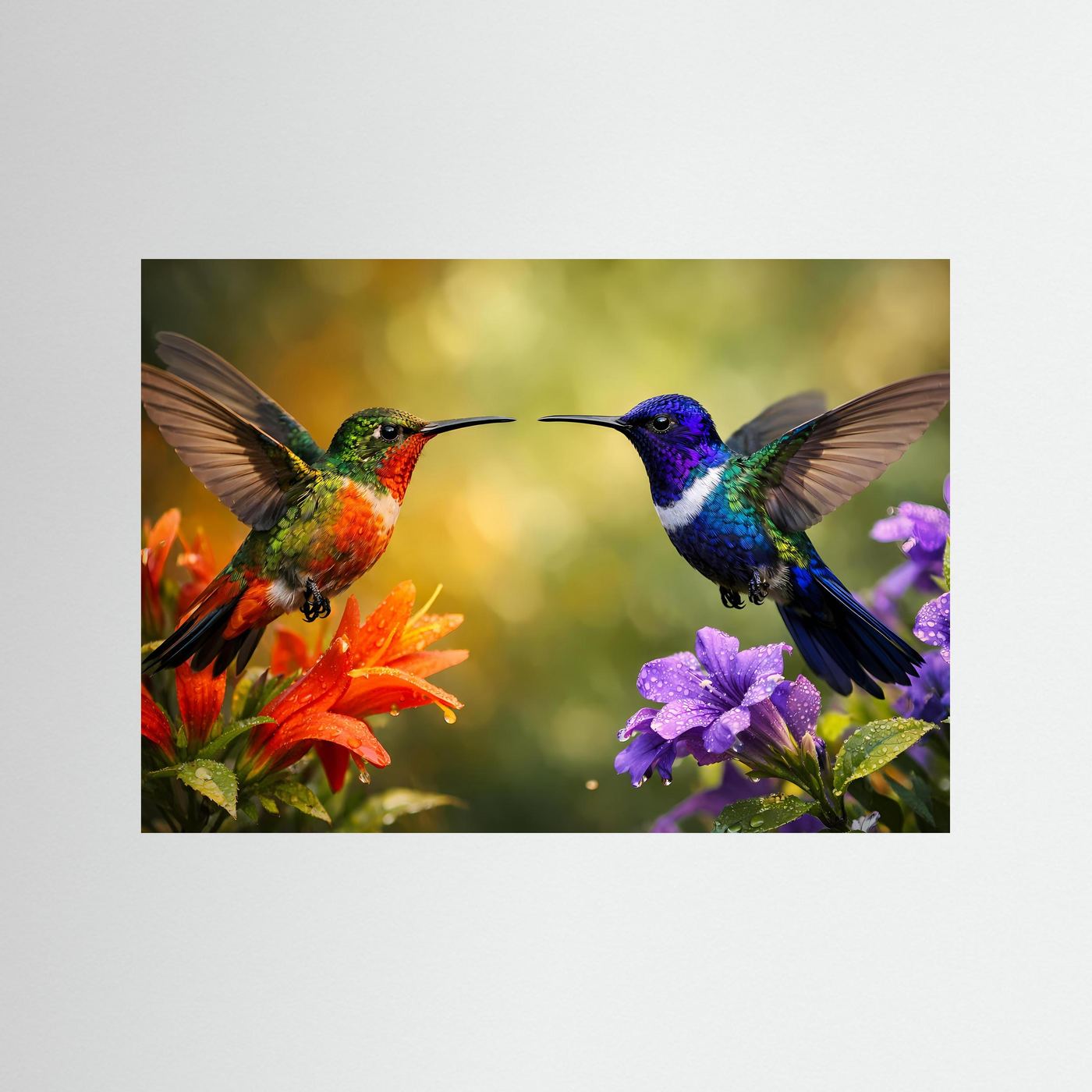 Panorama-Poster mit zwei Kolibris und Blüten im Querformat