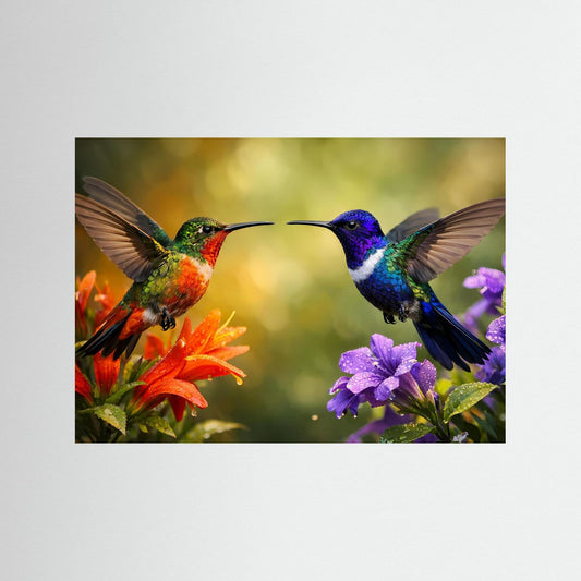 Panorama-Poster mit zwei Kolibris und Blüten im Querformat