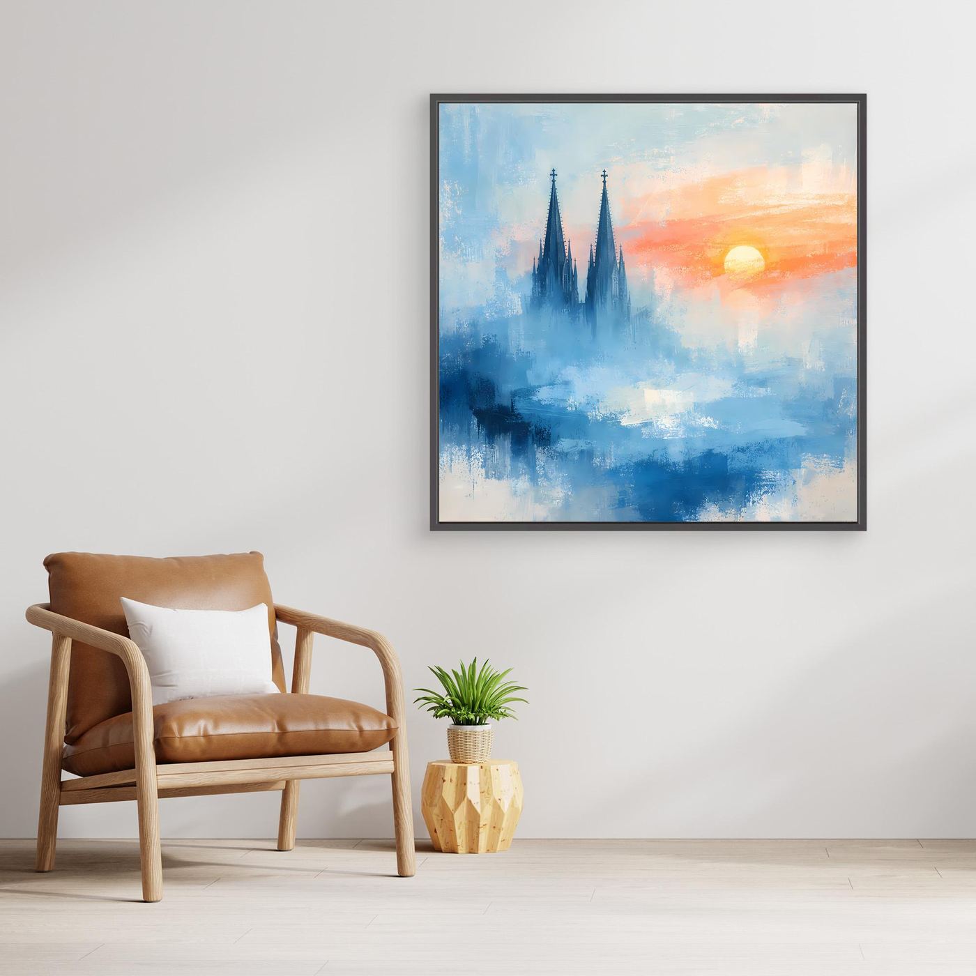 Kölner Dom Silhouette in Nebelblau | Moderne Abstrakte Leinwand mit Sonnenaufgang