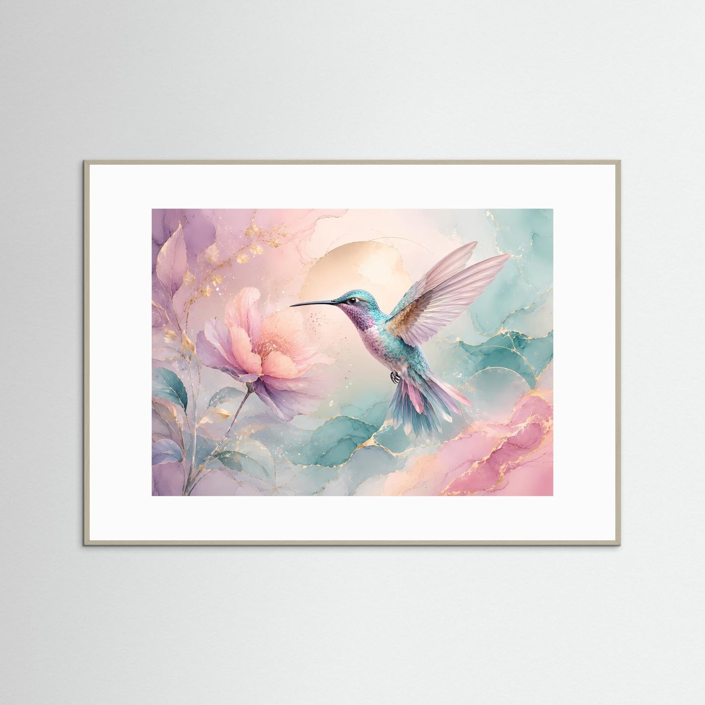 Kolibri Wandbild Pastell | Blüten Poster Rosa Türkis | Elegante Botanische Wandkunst | Moderne Leinwand mit Goldakzenten | Fine Art