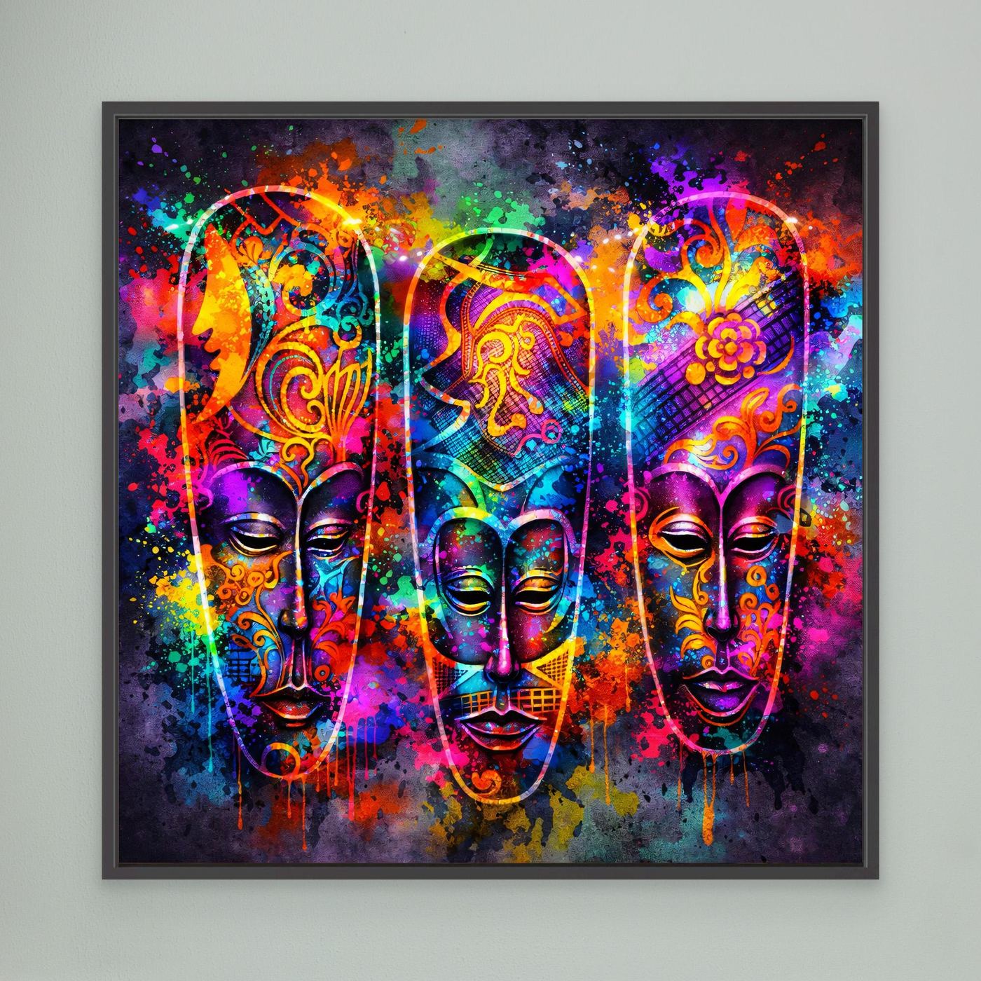 Leinwandbild mit drei farbigen Masken im Neon-Stil, schwarzer Rahmen