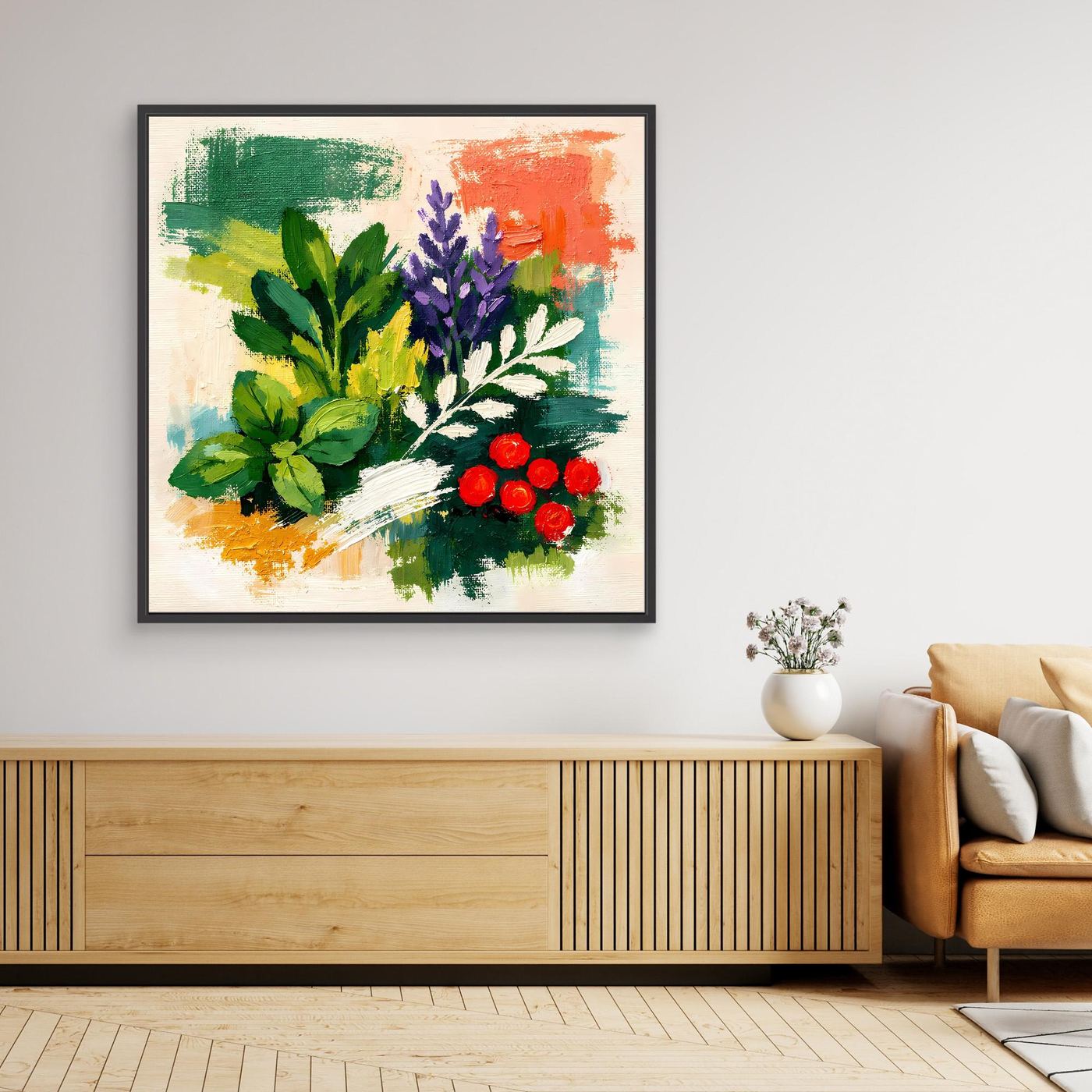 Framed abstract botanical canvas with green herbs, purple flowers, red berries in a black frame