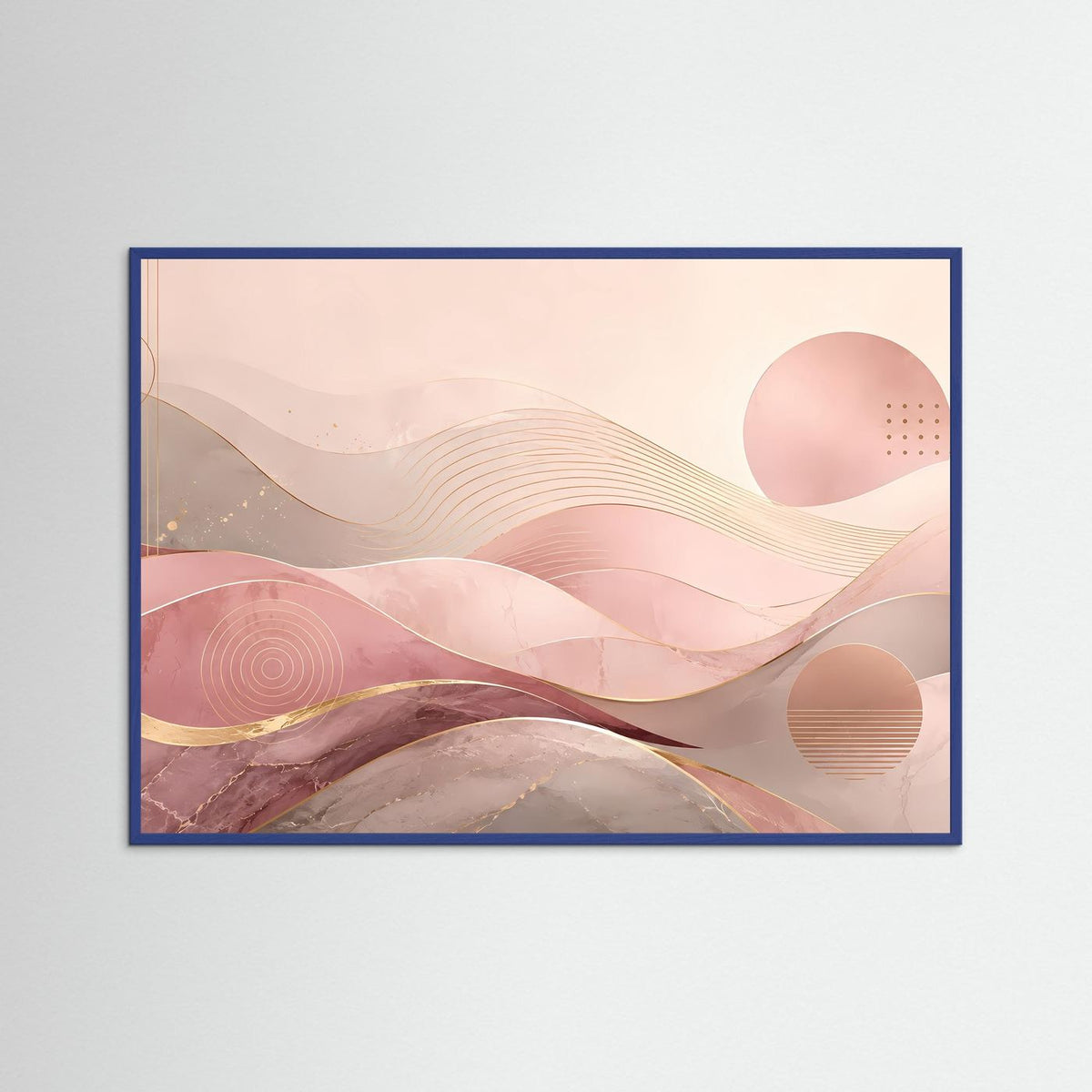 Abstraktes Wellen-Poster querformat mit rosa und Gold in blauem Rahmen
