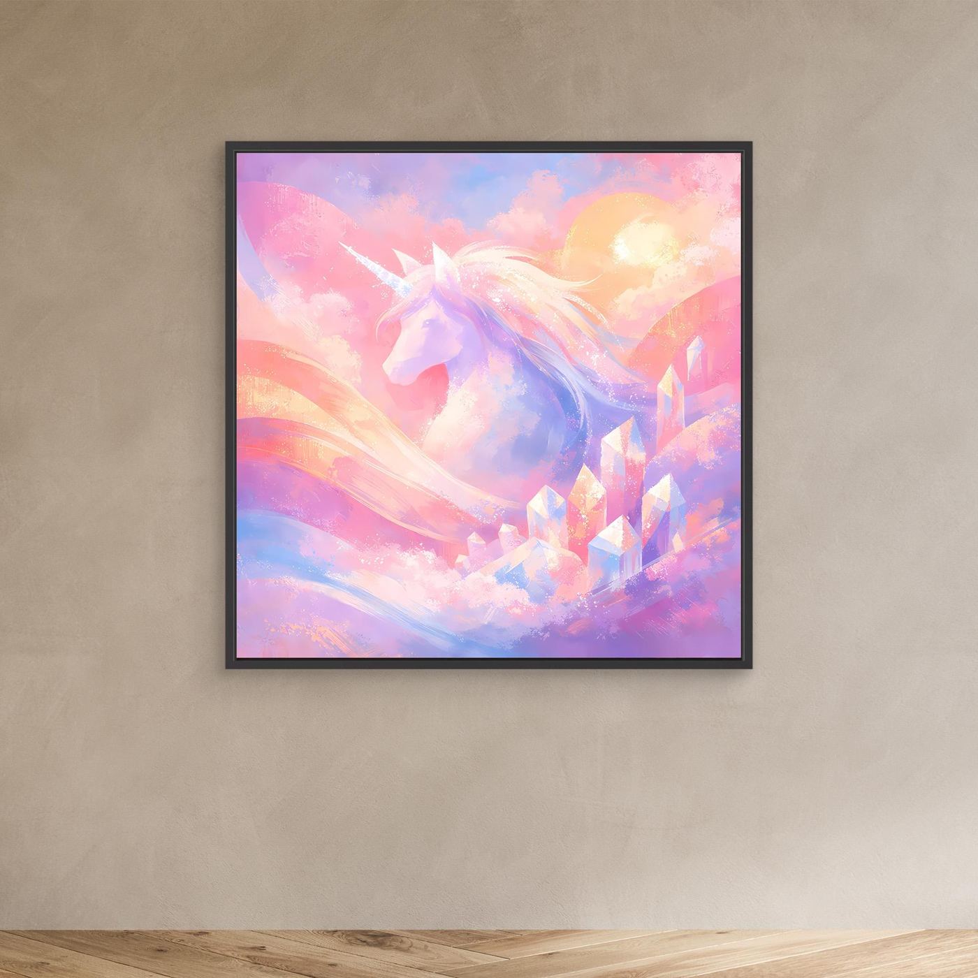 Leinwandbild mit pastellfarbenem Einhorn und Fantasy-Motiv, schwarzer Rahmen