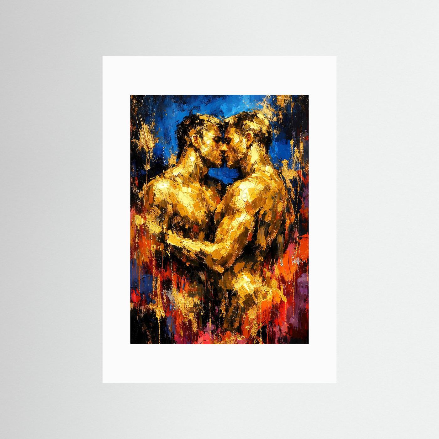 Hochformatiges Liebespaar-Poster mit weißem Passepartout: Goldfiguren in Blau und Rot