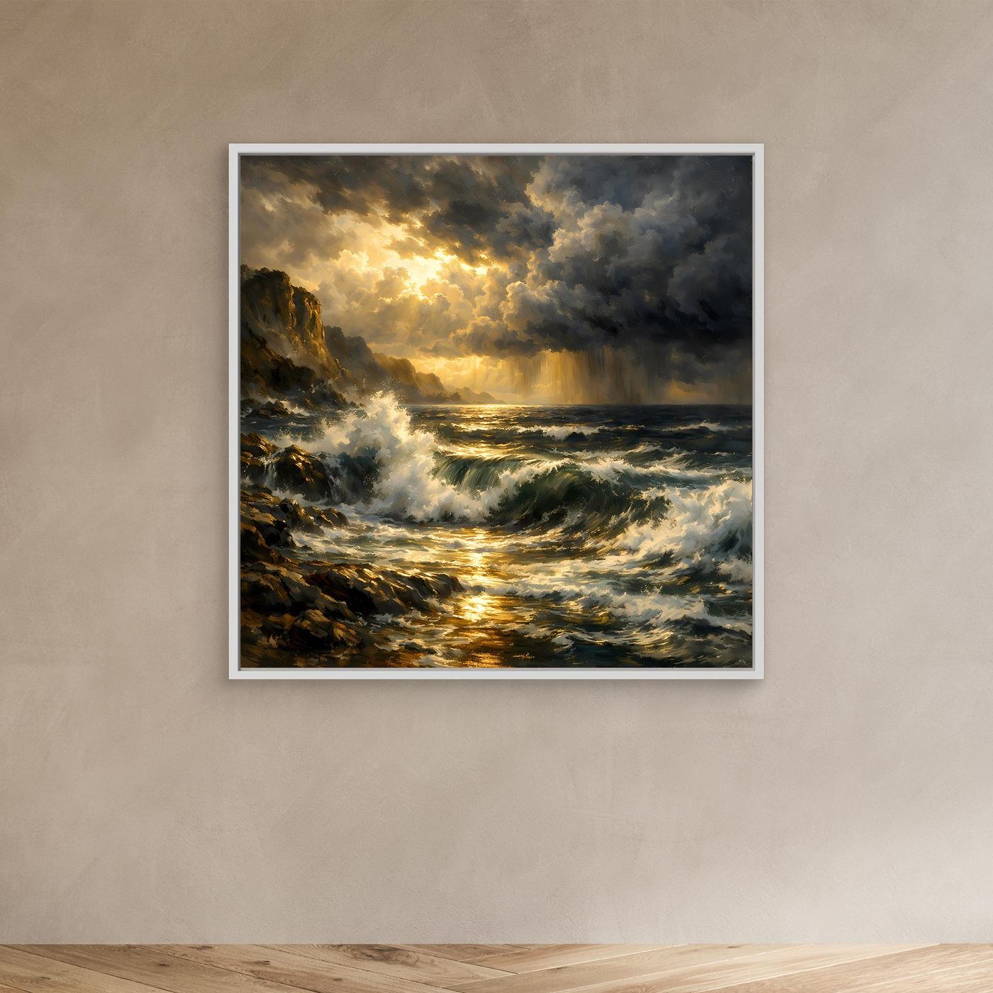 Leinwandbild mit stürmischem Meer und goldenem Licht, Wellen und Felsen, weißer Rahmen