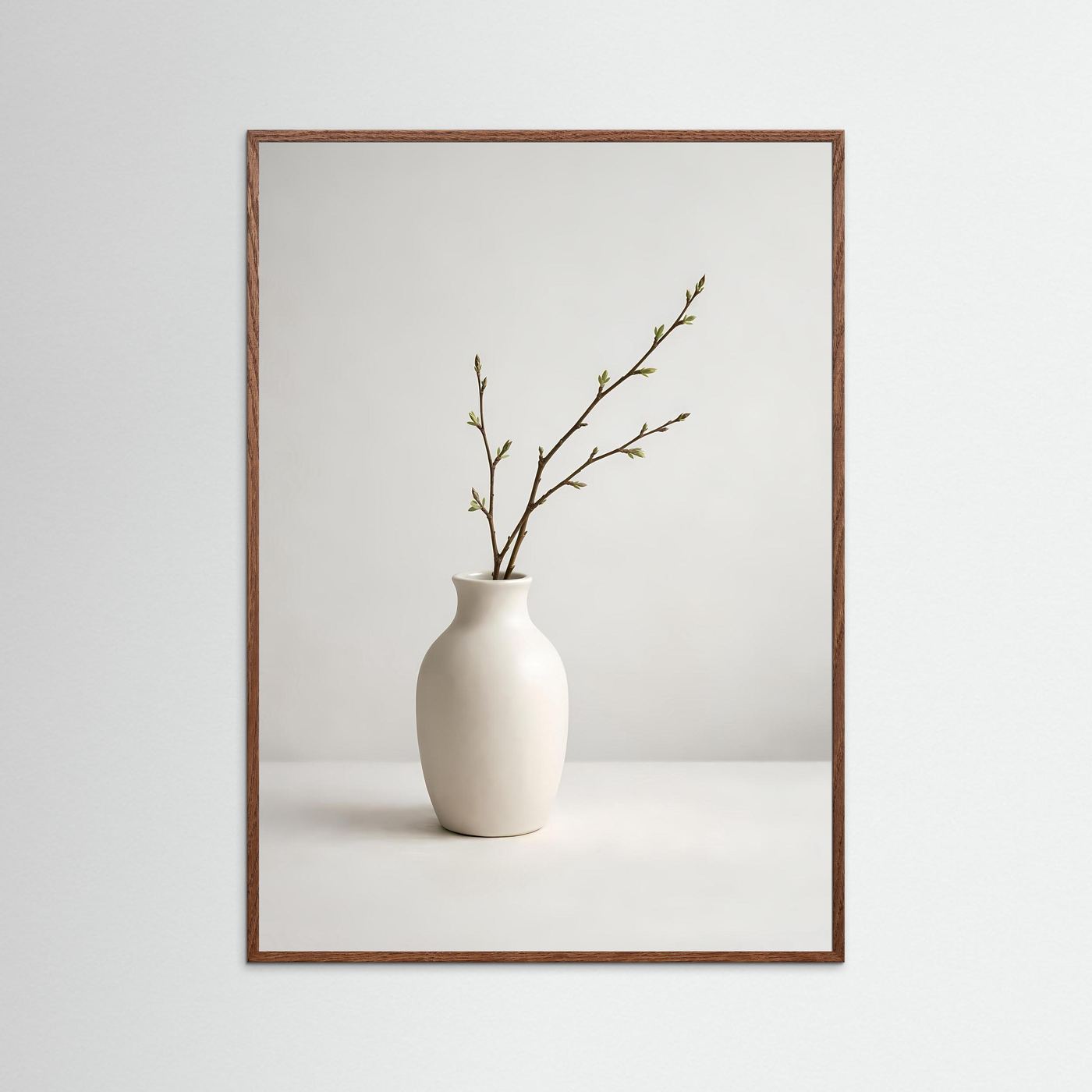 Stillleben-Poster mit cremeweißer Vase und Frühlingszweig, rosenfarbener Rahmen, Hochformat