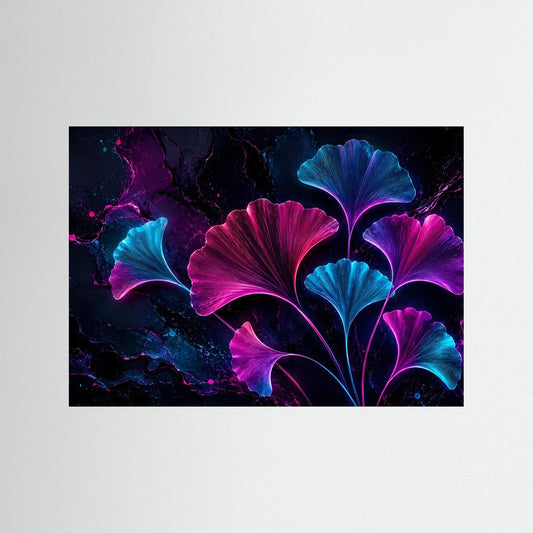 Neon-Wandbild mit Ginkgo-Blättern in Pink und Blau, dunkler Hintergrund, schwarzer Rahmen