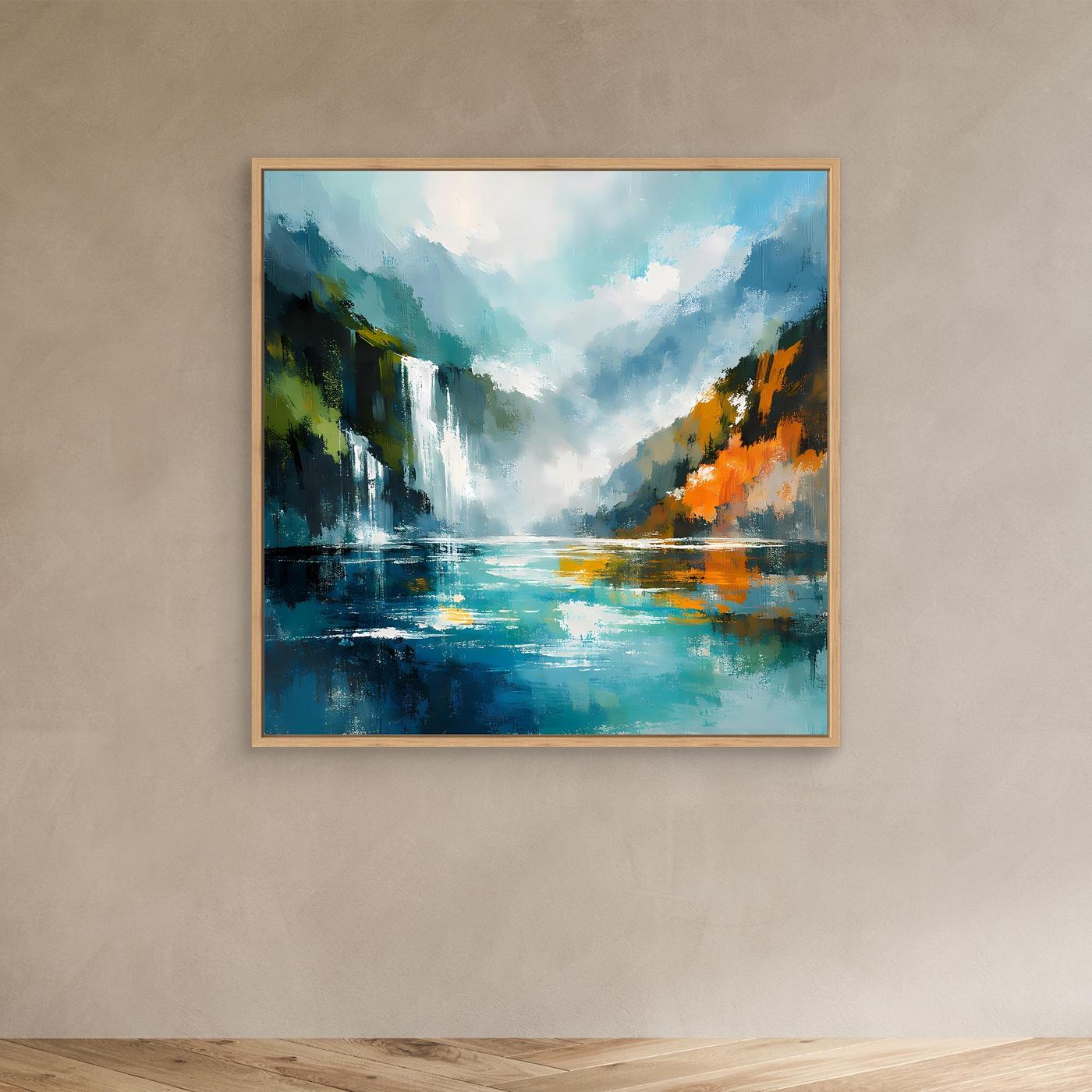 Abstraktes Wandbild mit Wasserfall und Fjord, türkis/blau, Eichenrahmen.