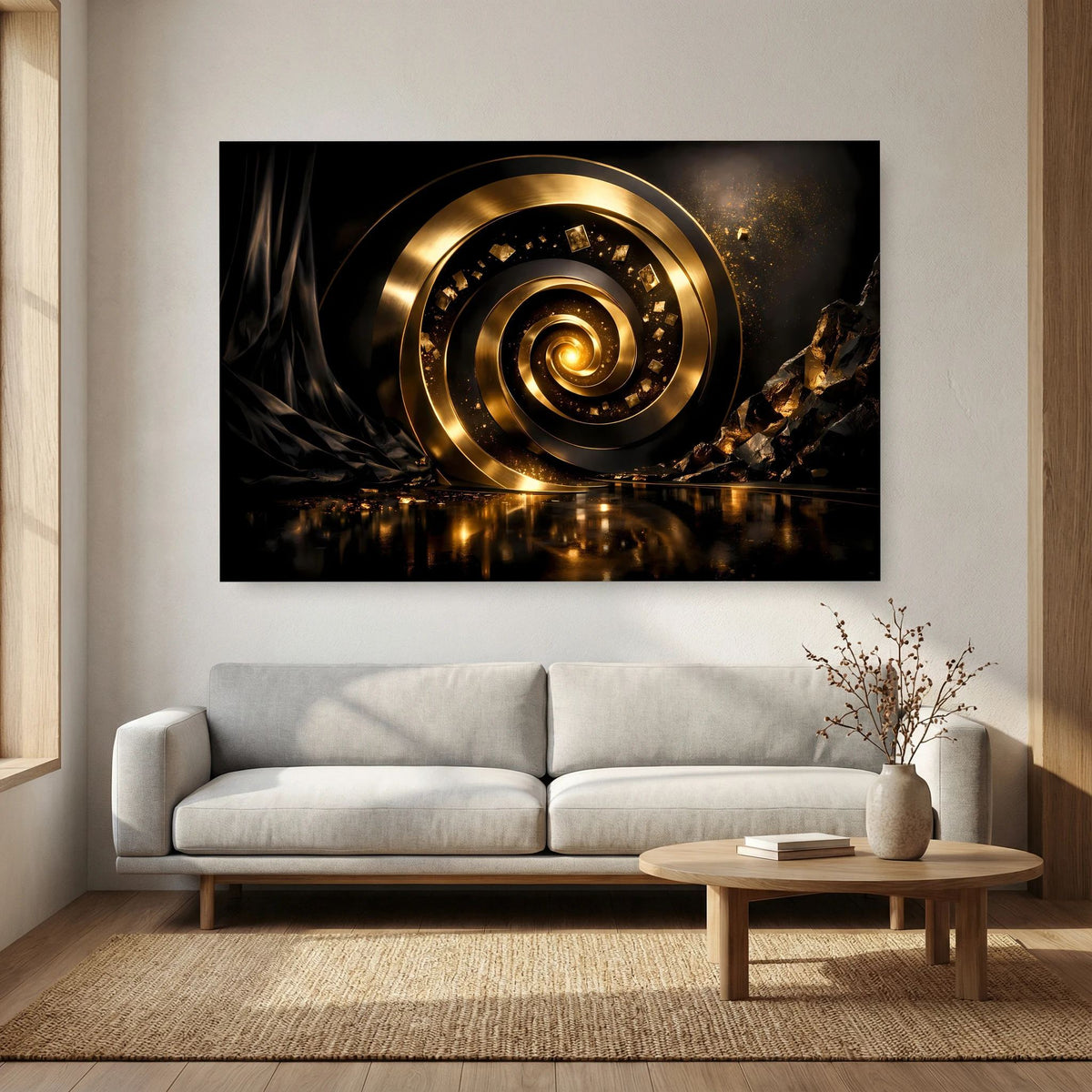 Wandbild mit goldener Kreis-/Spiralenoptik und dunklen Partikeln, Querformat