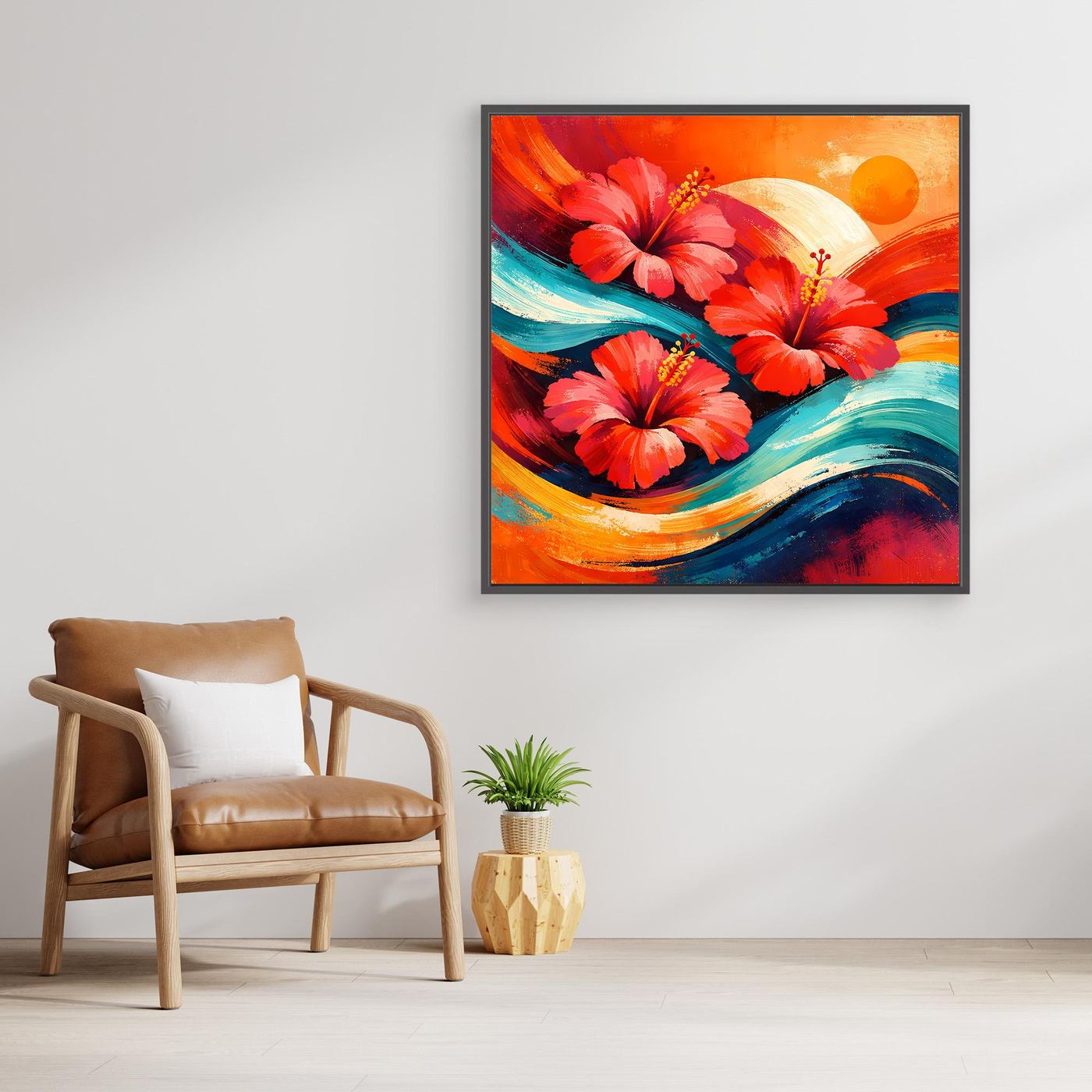 Leinwandbild mit roten Hibiskusblüten und bunten Wellen, schwarzer Rahmen