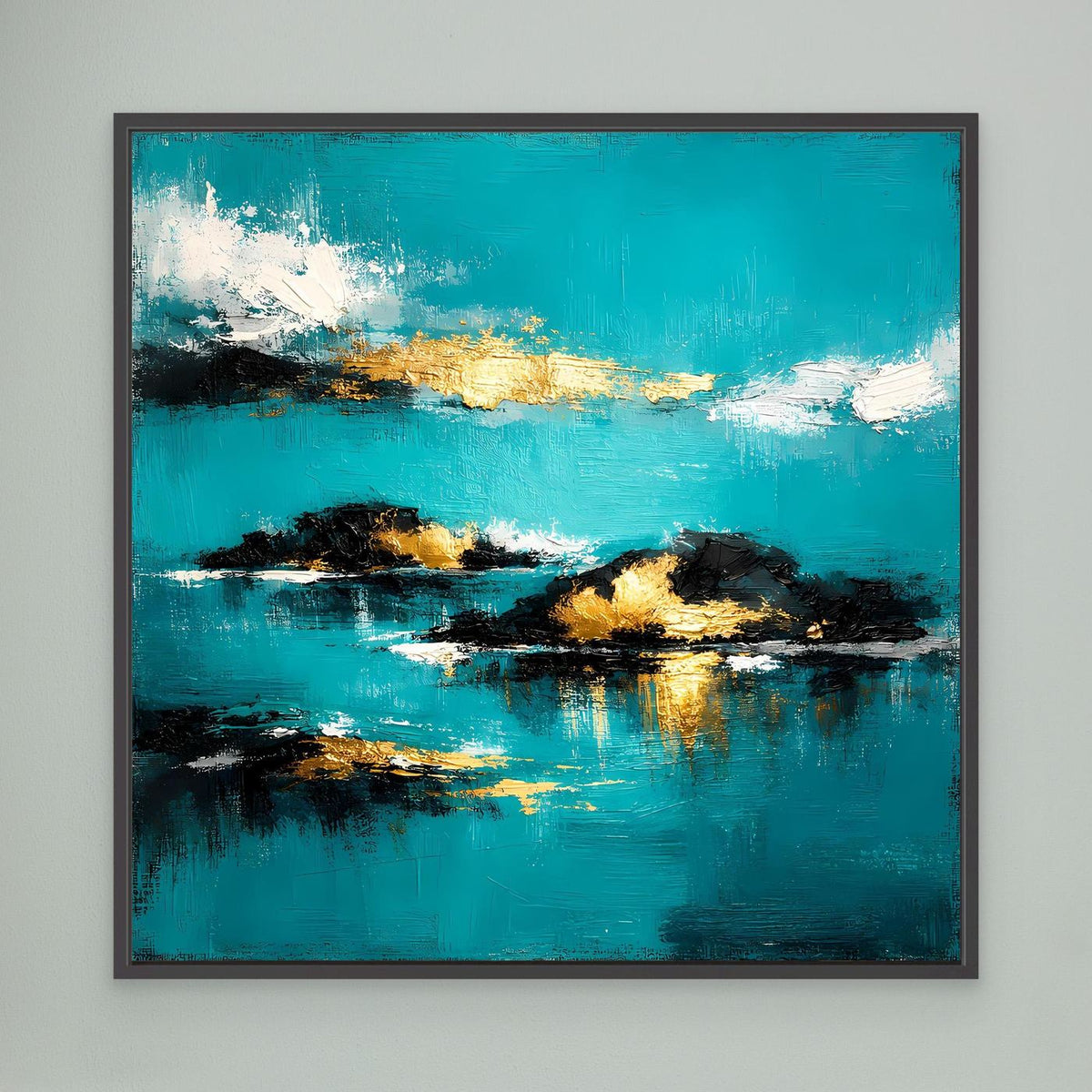 Gerahmtes Leinwandbild mit türkisblauem Meer, goldenen Inseln und dunklen Spiegelungen