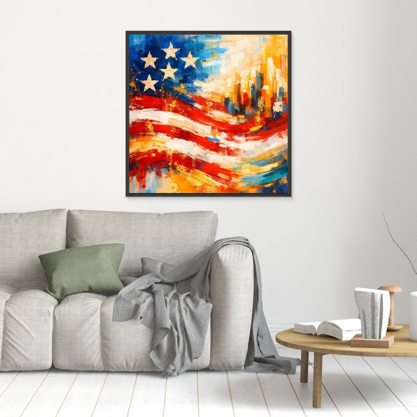 Abstraktes Leinwandbild US-Flagge mit weißen Sternen, roten Streifen, schwarzer Rahmen