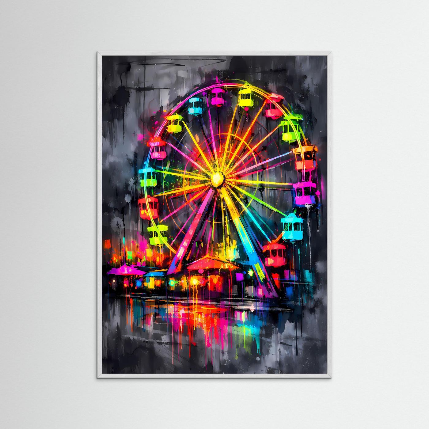 The Neon Ferris Wheel | Luxuriöses Riesenrad Poster Bunt & Dunkel | Abstraktes Jahrmarkt Kunstposter Hochformat