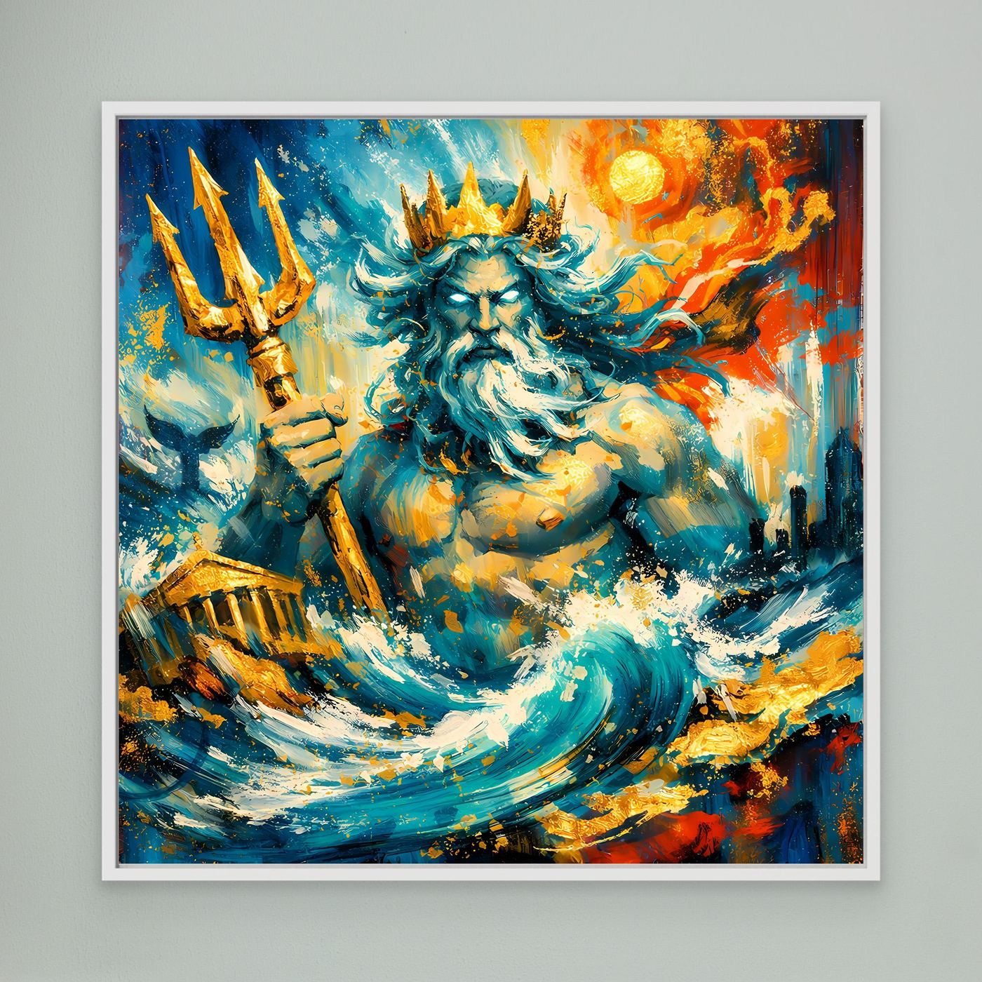 Leinwandbild mit abstrakter Poseidon-Meerfigur, kräftige Farben, weißer Rahmen