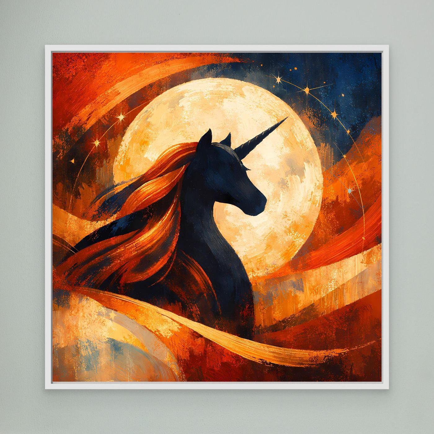 Gerahmtes Leinwandbild mit Einhornsilhouette vor Vollmond, abstrakte Rot-Orange-Flächen