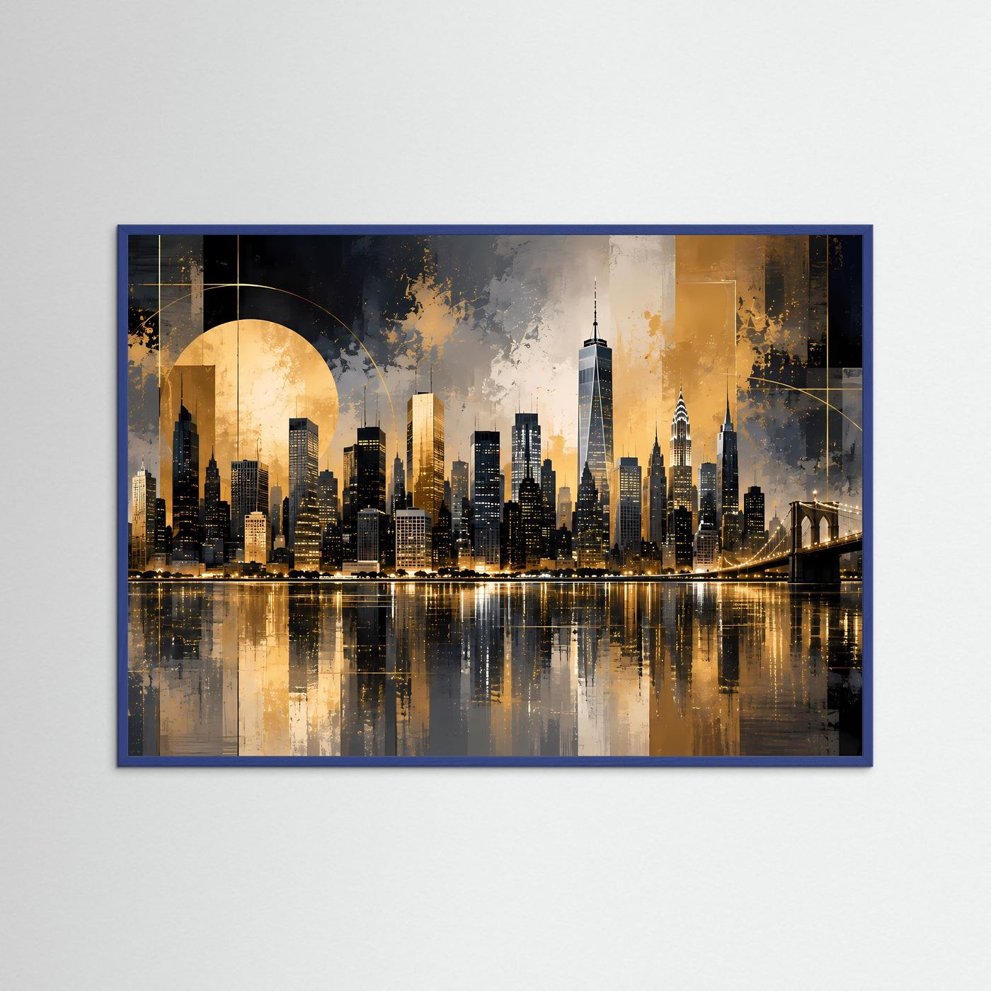 Poster im Querformat mit New-York-Skyline, schwarz-gold, im blauen Rahmen