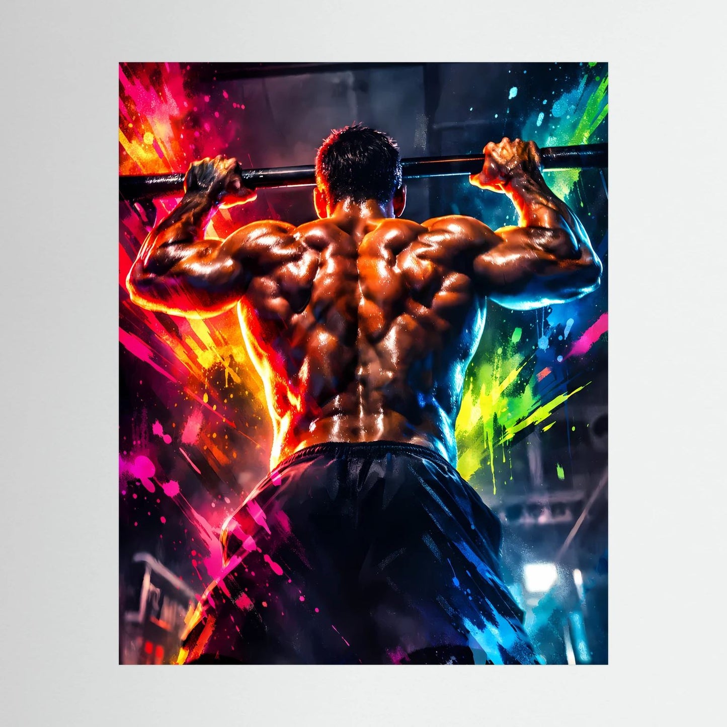 Fitness-Wandbild mit Bodybuilder beim Klimmzug, farbenfroher Neon-Sprayeffekt, hochformat