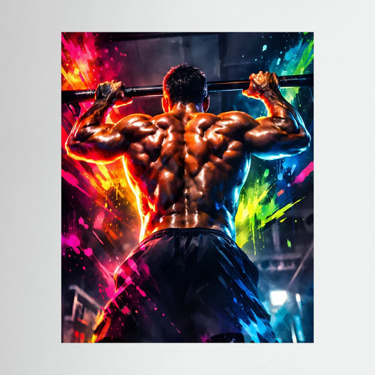 Fitness-Wandbild mit Bodybuilder beim Klimmzug, farbenfroher Neon-Sprayeffekt, hochformat