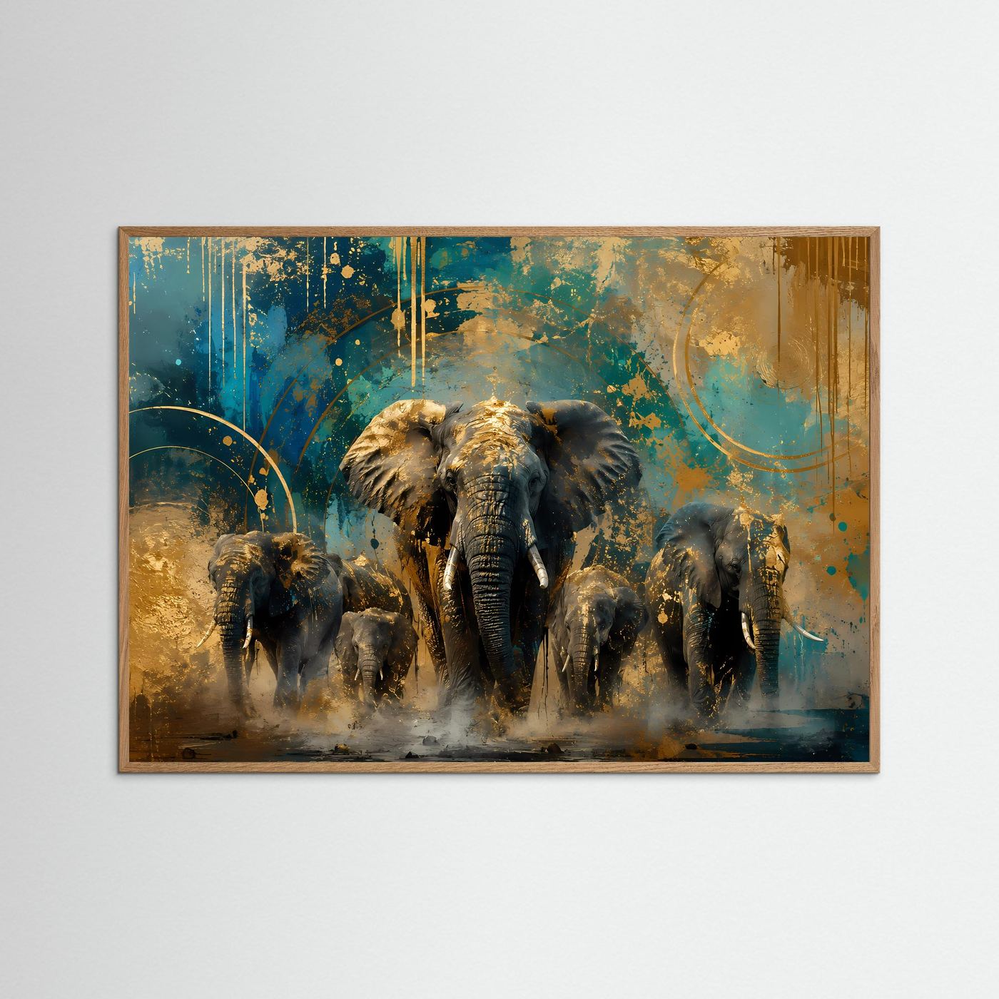 Elefanten-Wildlife-Poster mit braunem Rahmen: große Elefantenherde, gold- und petrolfarbig