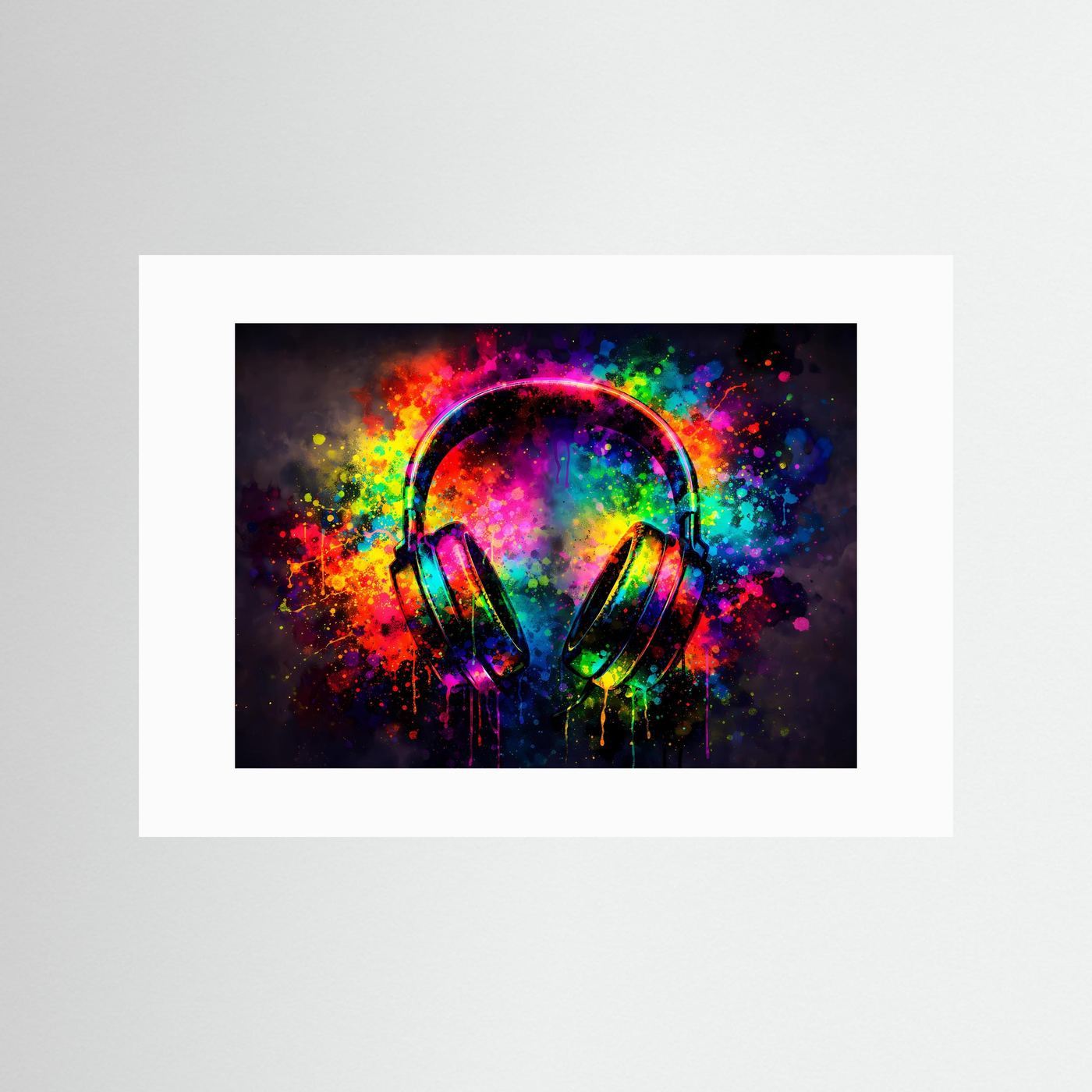 Musikposter mit Neon-Kopfhörern im Splash-Design, weißer Passepartout, Querformat
