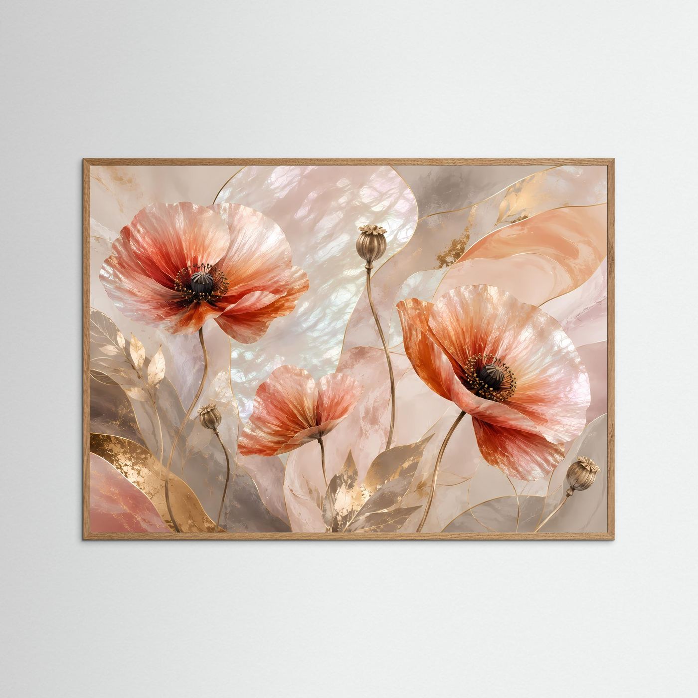 Poster mit abstrakten Mohnblumen in Pastell und Perlmutt, hellerer Holzrahmen, Querformat.