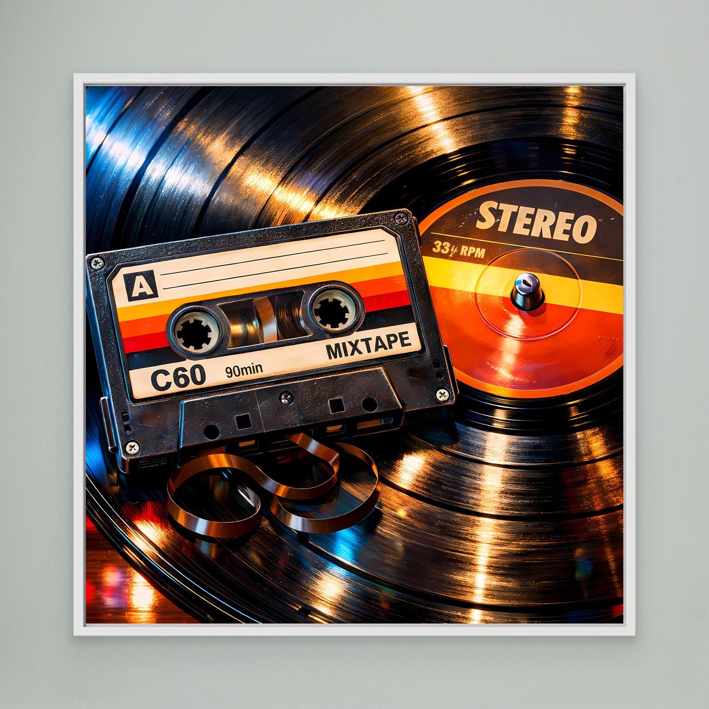 Gerahmtes Leinwandbild mit Schallplatte und Mixtape im Retro-Look, weißer Rahmen.