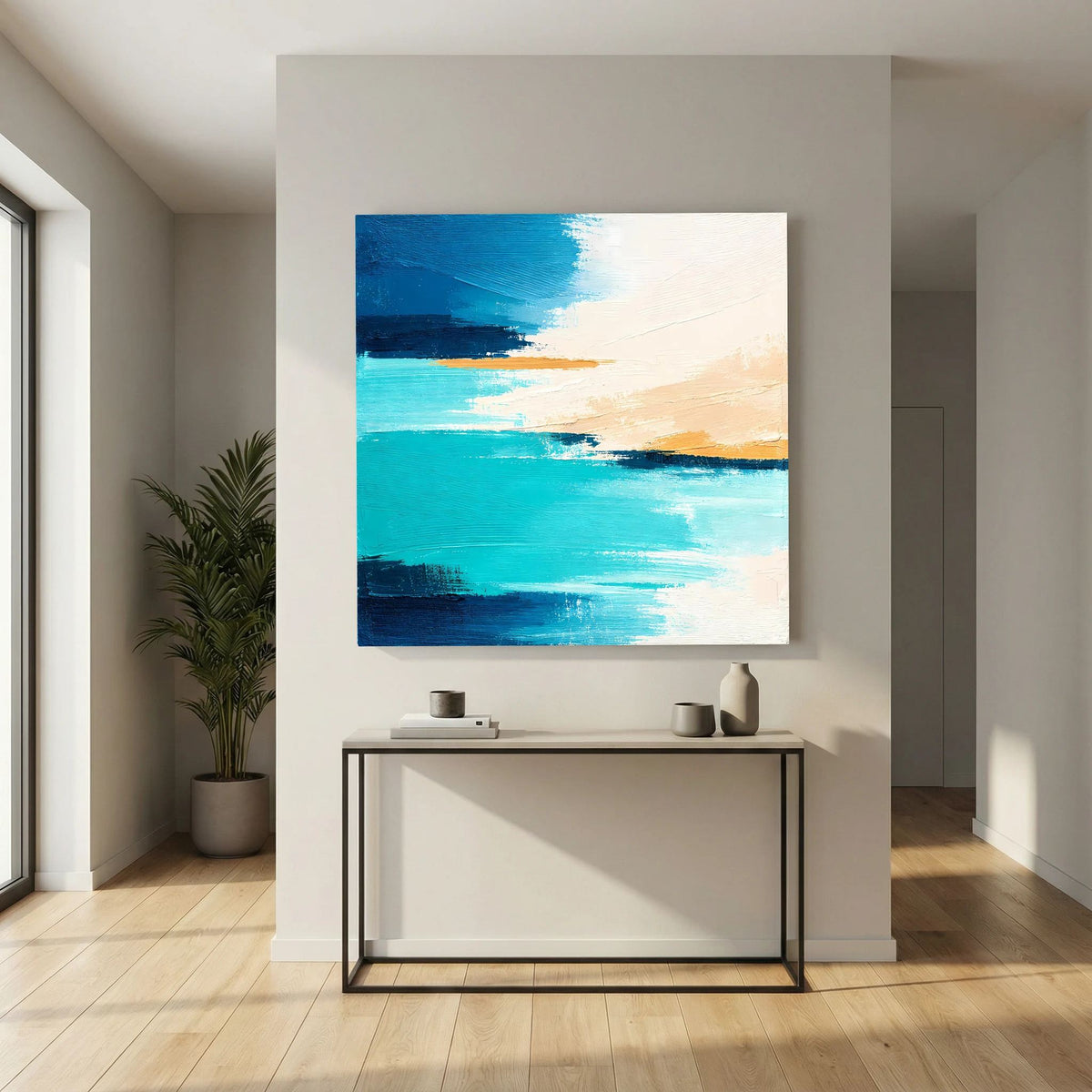 Abstraktes Leinwand-Wandbild mit türkisfarbenen Farbstreifen und beigen Bereichen, quadratisch