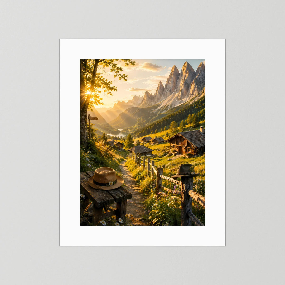 Hochformat-Poster mit weißem Rahmen und weißem Rand: Alpenlandschaft, Hüttenweg, Sonnenaufgang