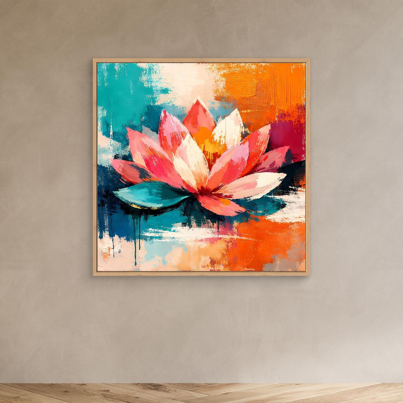 Oak-framed abstract lotus canvas wall art with teal, orange, and pink petals
