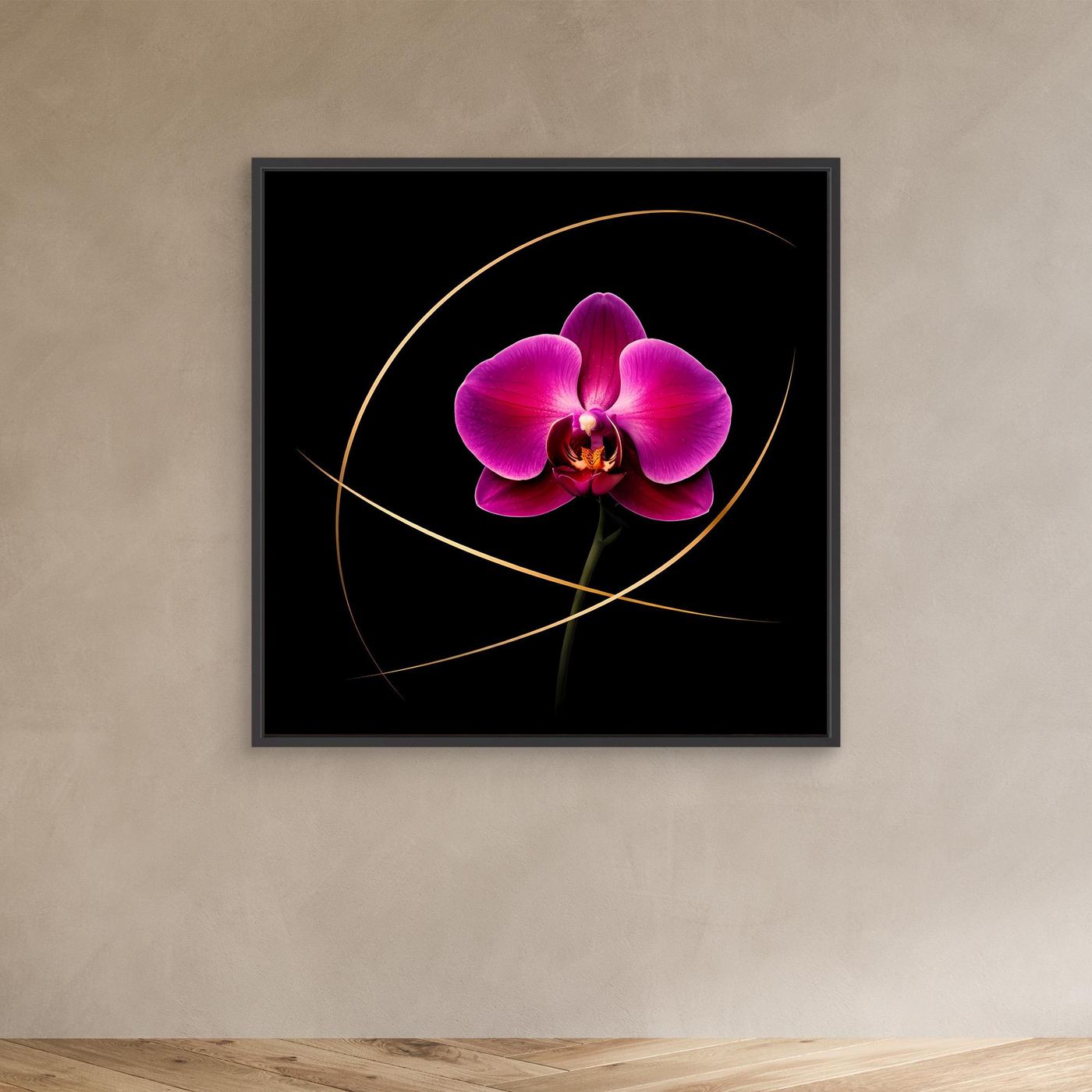 Leinwandbild mit magentafarbener Orchidee und goldenen Linien auf schwarzem Hintergrund, mit schwarzem Rahmen