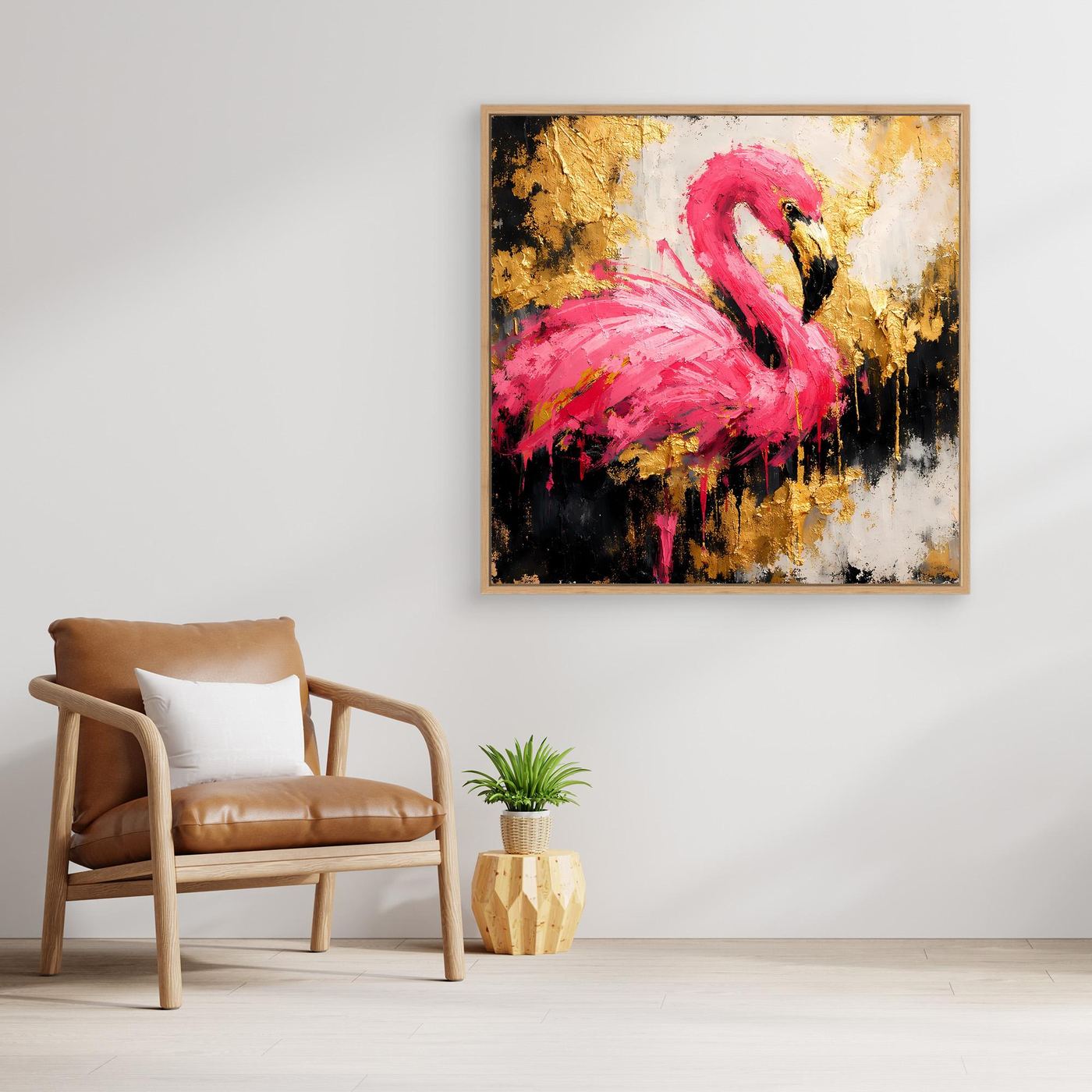 Leinwand Eleganter Flamingo in Pink und Gold | Abstraktes Modernes Tier Wandbild