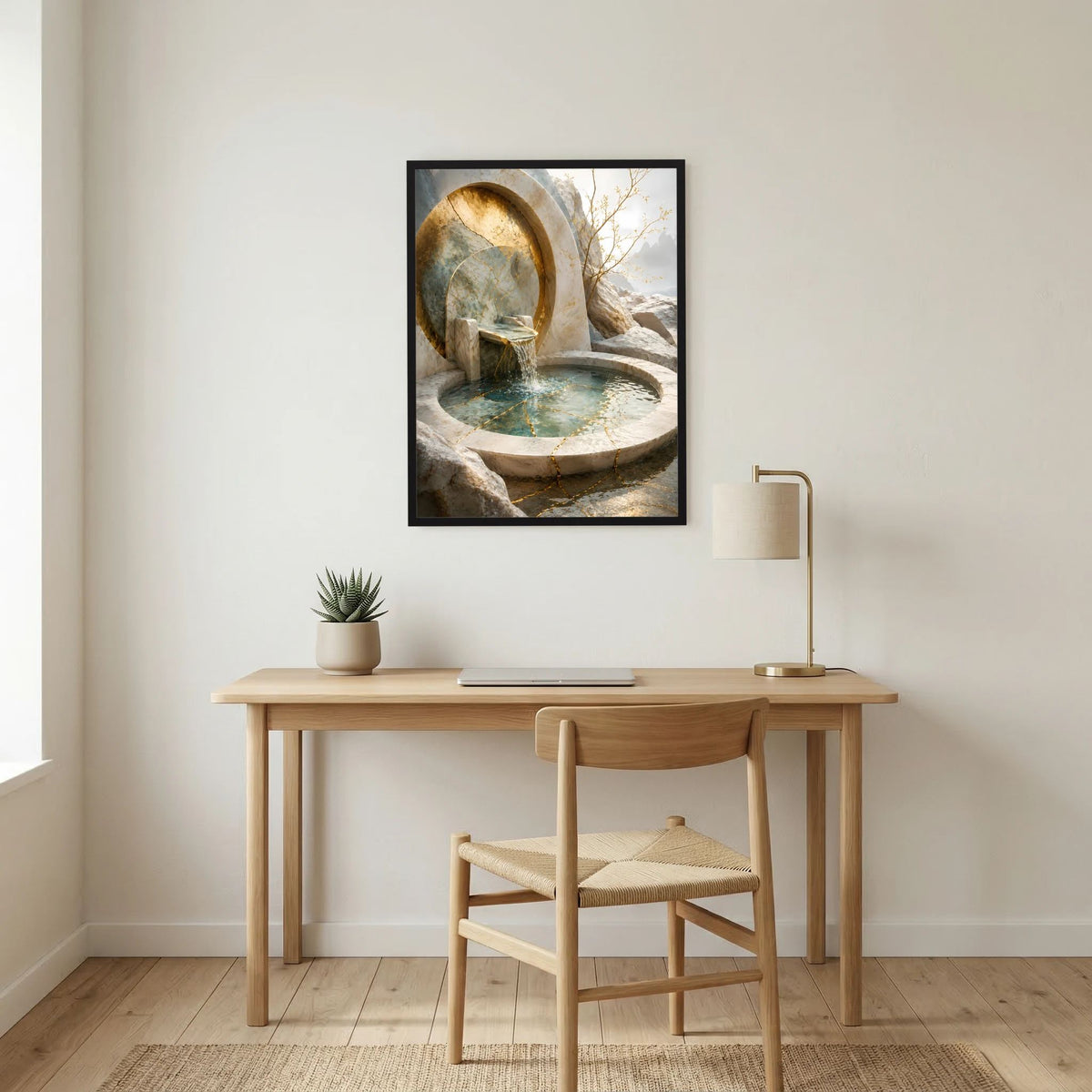 Hochformat-Poster mit goldener Nische über Steinbecken und türkisfarbenem Wasser