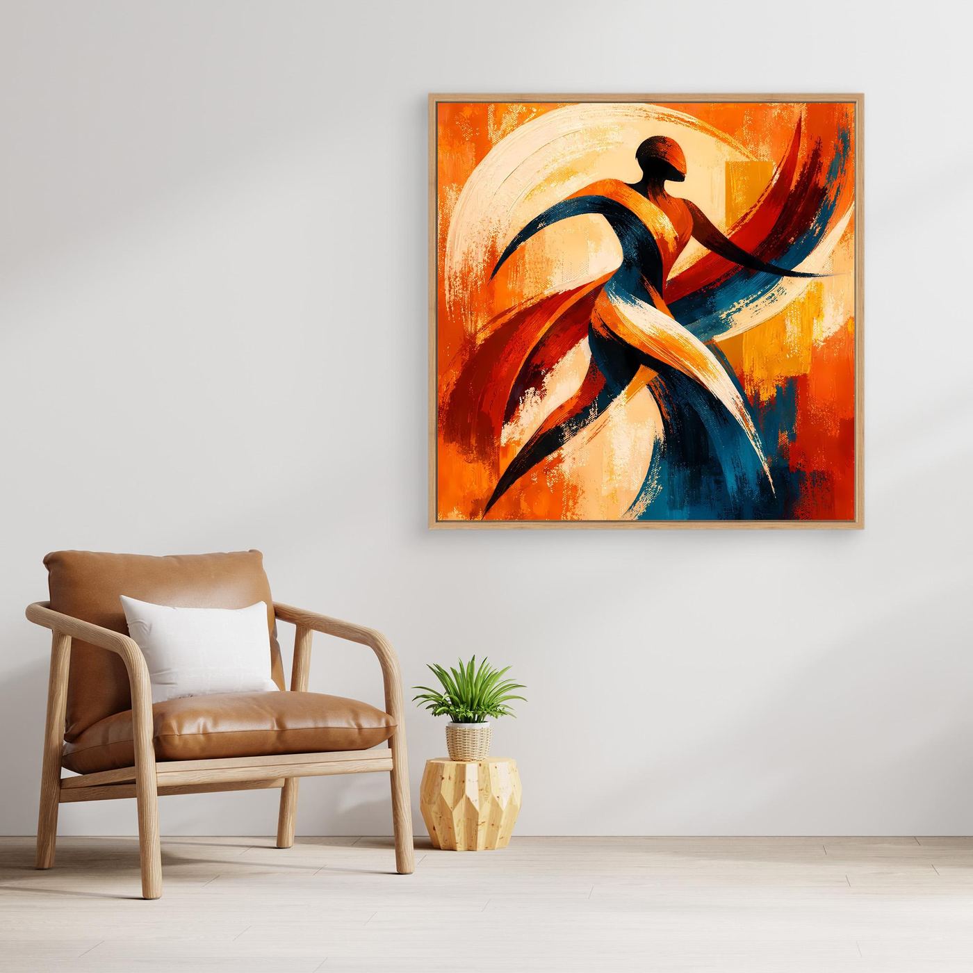 Leinwandbild mit abstrakter Tänzer-Silhouette in Orange, Blau und Rot, holzfarben gerahmt.