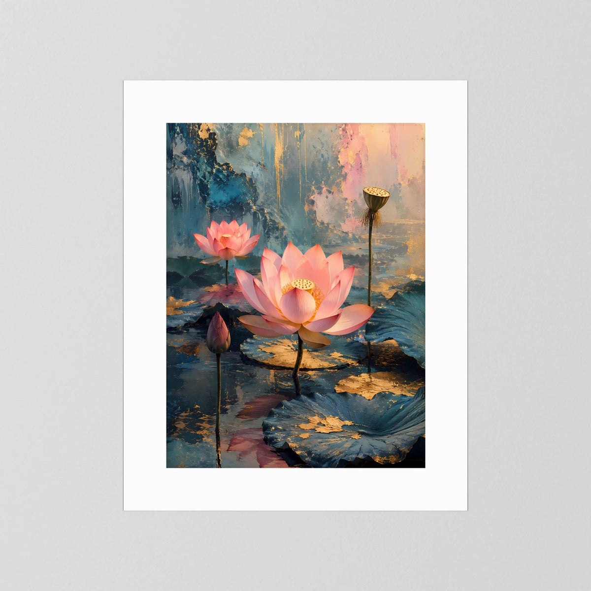 Poster mit weißem Rand ohne sichtbaren Rahmen, rosa Lotusblüten auf Wasserlandschaft
