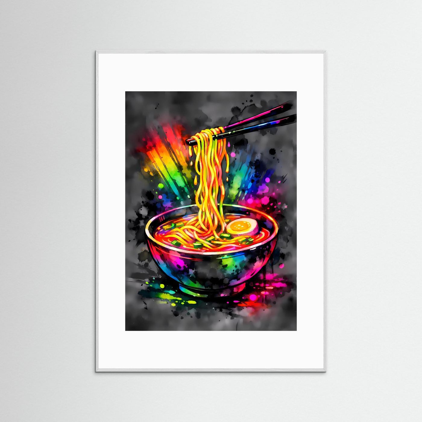 Die Kunst des Genusses | Neon Ramen Poster in Regenbogenfarben & Schwarz | Abstraktes Pop-Art Kunstposter Hochformat