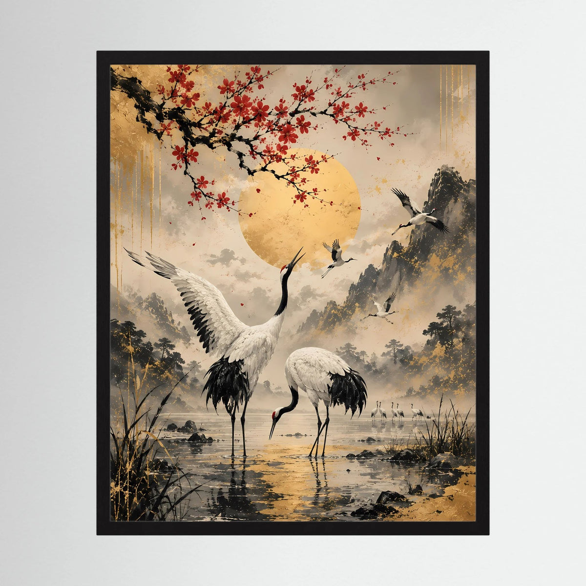 Gerahmtes Poster im Hochformat: Kraniche unter goldener Sonne, rote Blüten