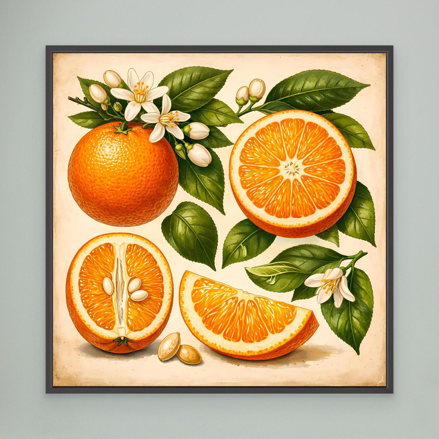 Leinwandbild mit Vintage-Orangen, Citrusfrüchten und Blütenblättern im schwarzen Rahmen