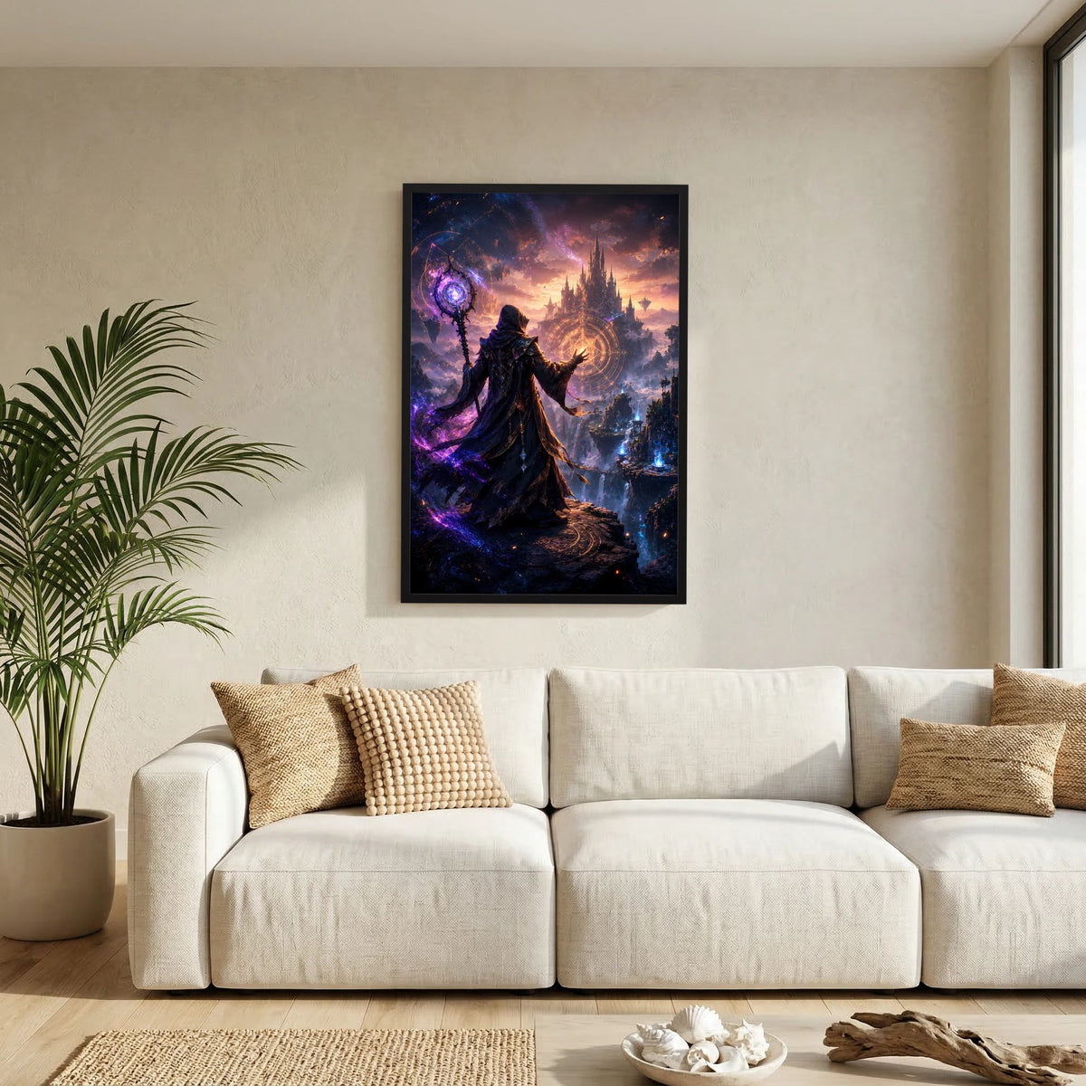 Kunstposter an der Wand: dunkler Magier mit Stab vor mystischer Burg, violettes Leuchten