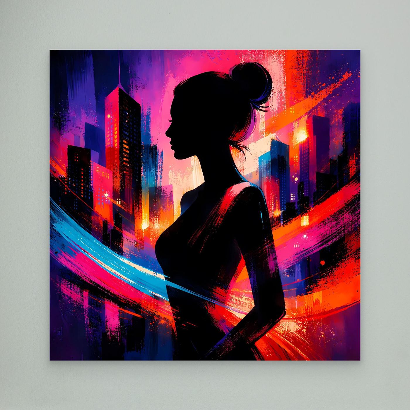 Leinwandbild ohne Rahmen: Frauensilhouette im Profil vor Neon-Skyline in Pink und Blau