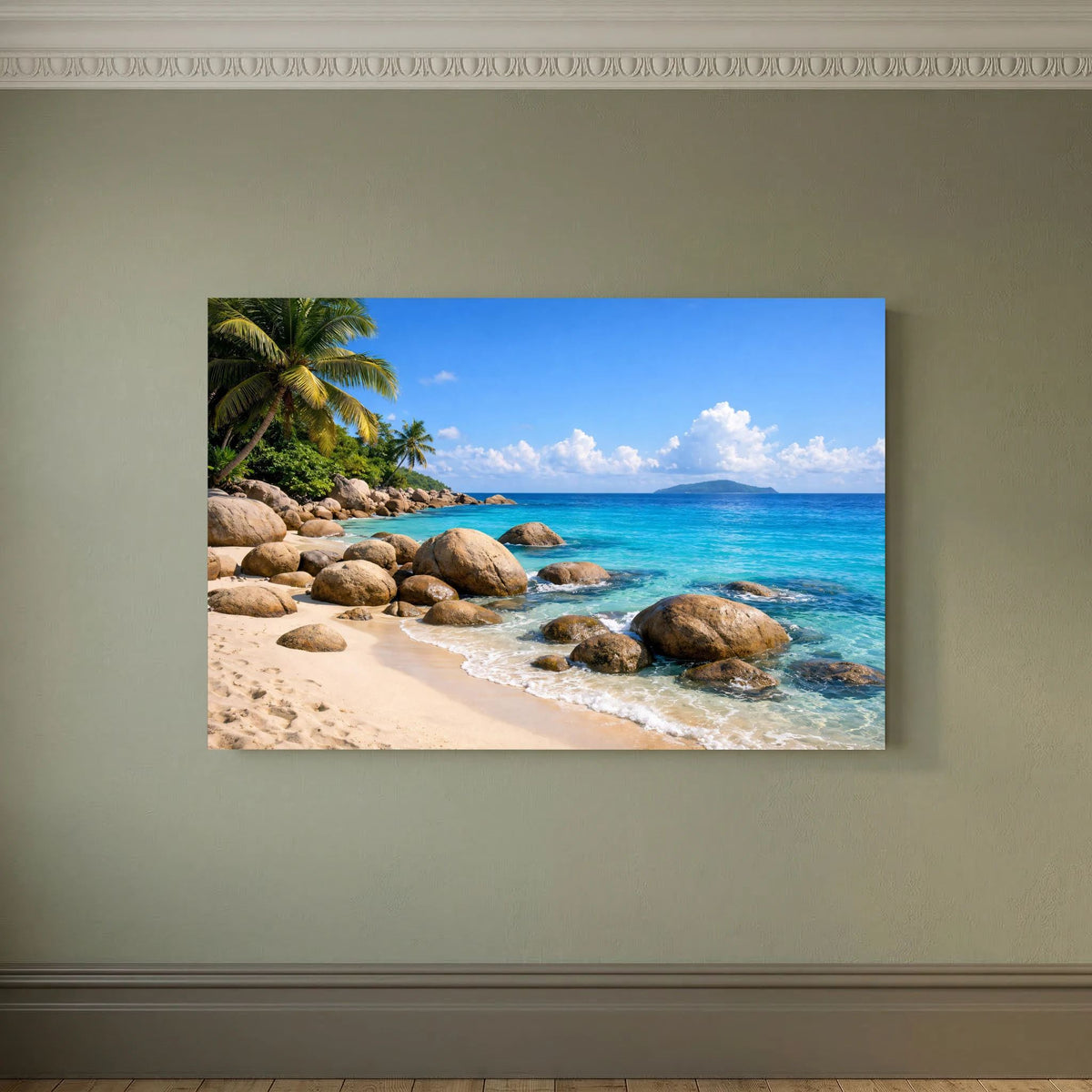 Poster mit Strandmotiv und Granitfelsen, Querformat, ohne sichtbaren Rahmen