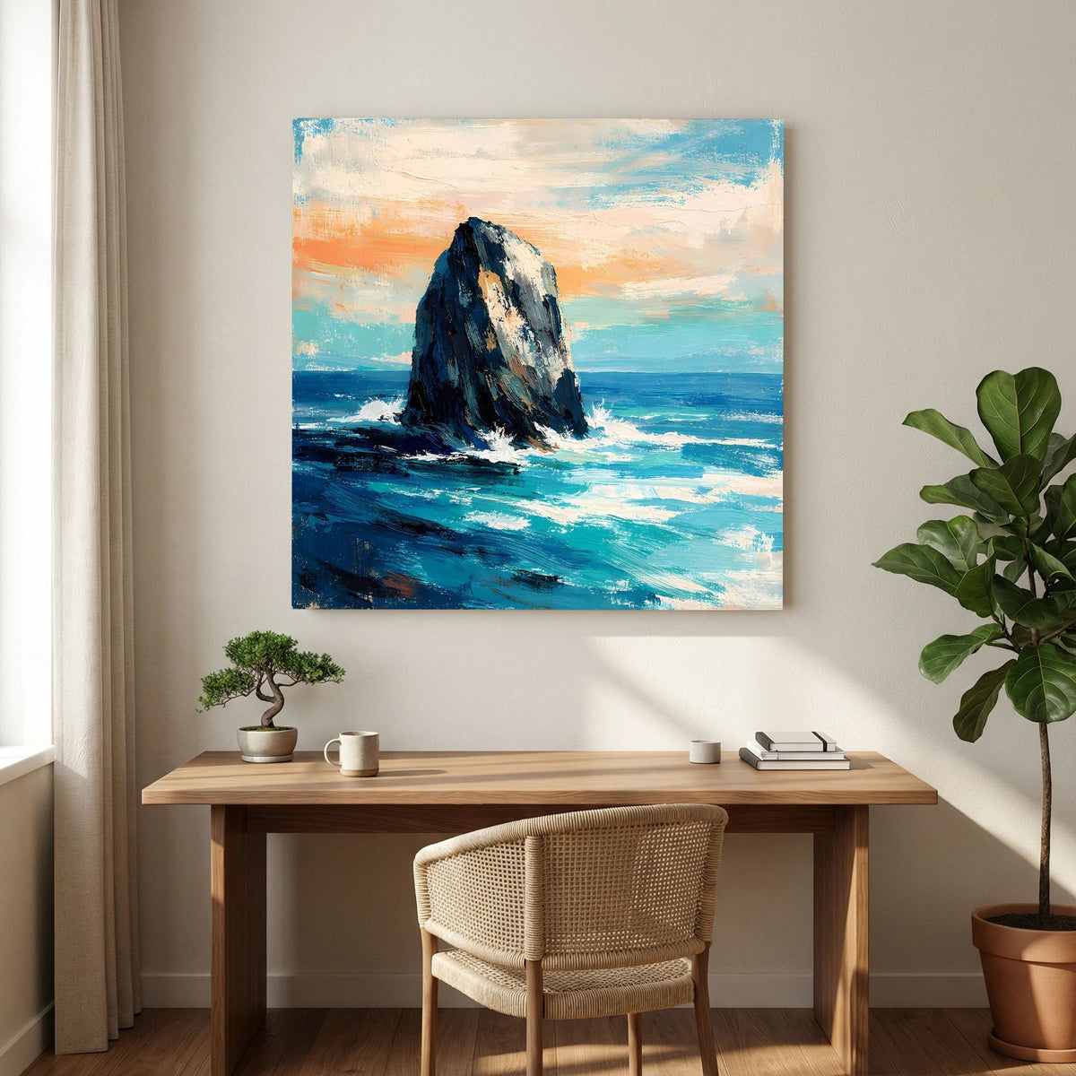 Leinwand-Wandbild mit Felsen und Brandung, kräftige Blautöne und helle Lichtreflexe