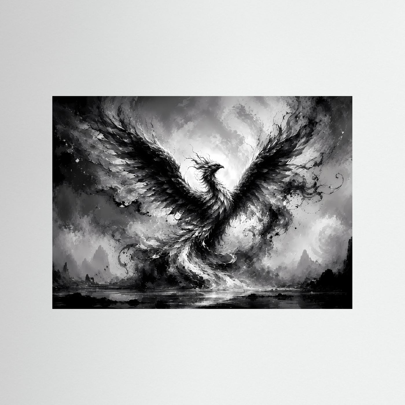 Phönix aus Licht und Schatten | Mystische Schwarz-Weiß Wandkunst – Abstrakter Feuervogel